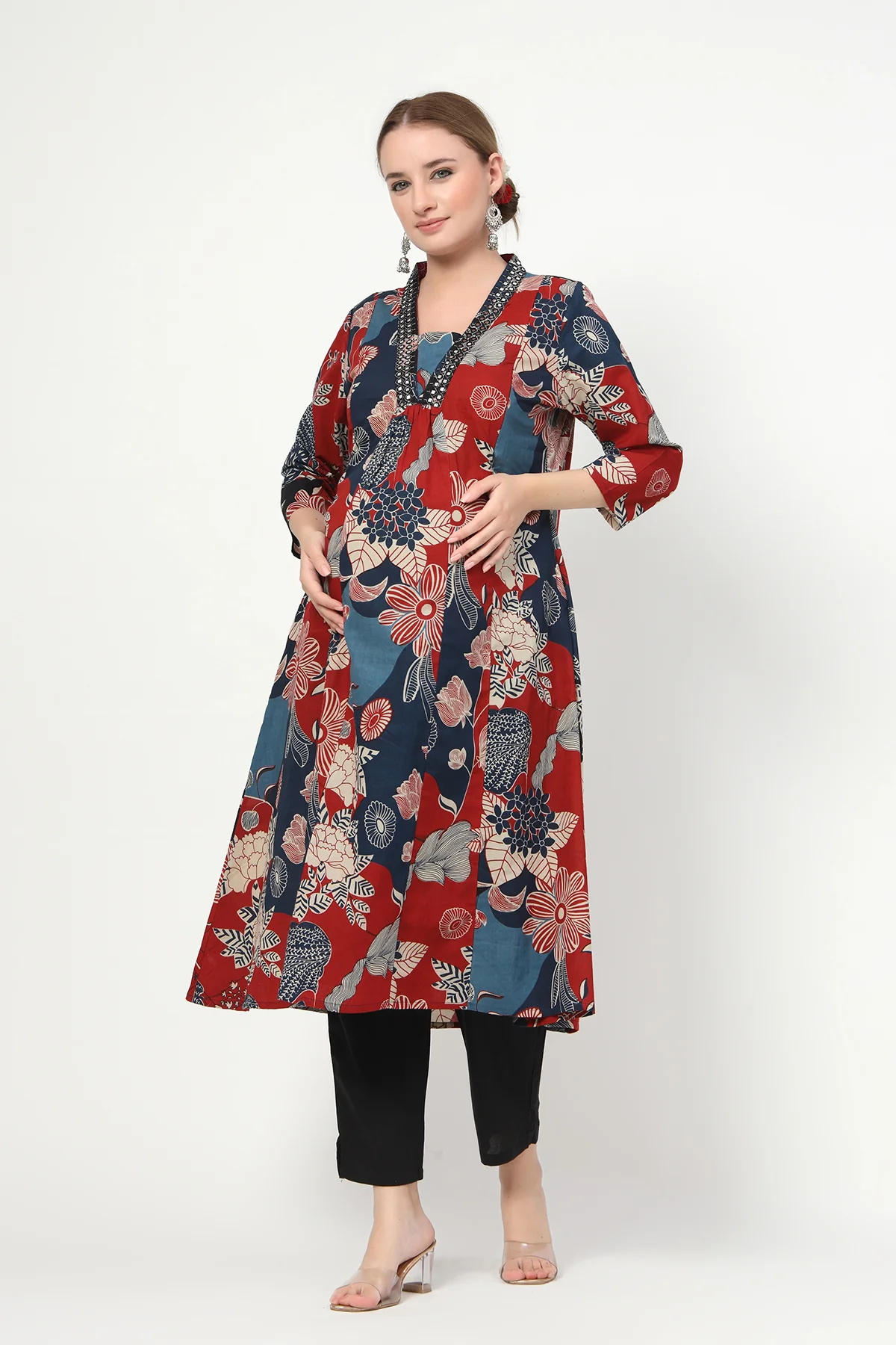 Embroidered Floral Print Cotton Maternity & Nursing Kurta Set - Navy Blue - Image 4