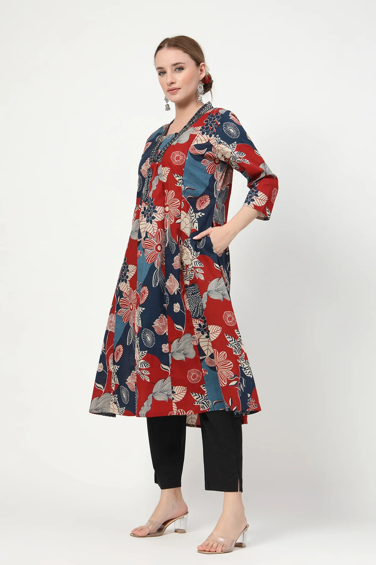 Embroidered Floral Print Cotton Maternity & Nursing Kurta Set - Navy Blue - Image 6