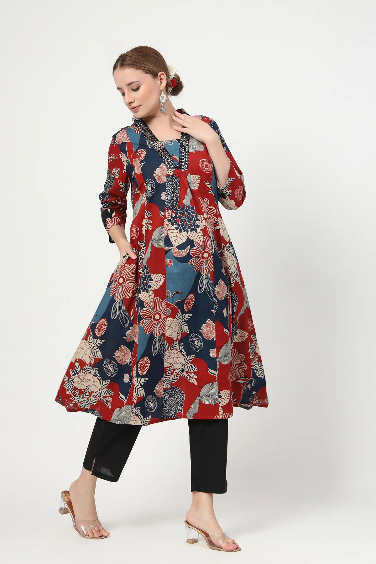 Embroidered Floral Print Cotton Maternity & Nursing Kurta Set - Navy Blue - Image 7