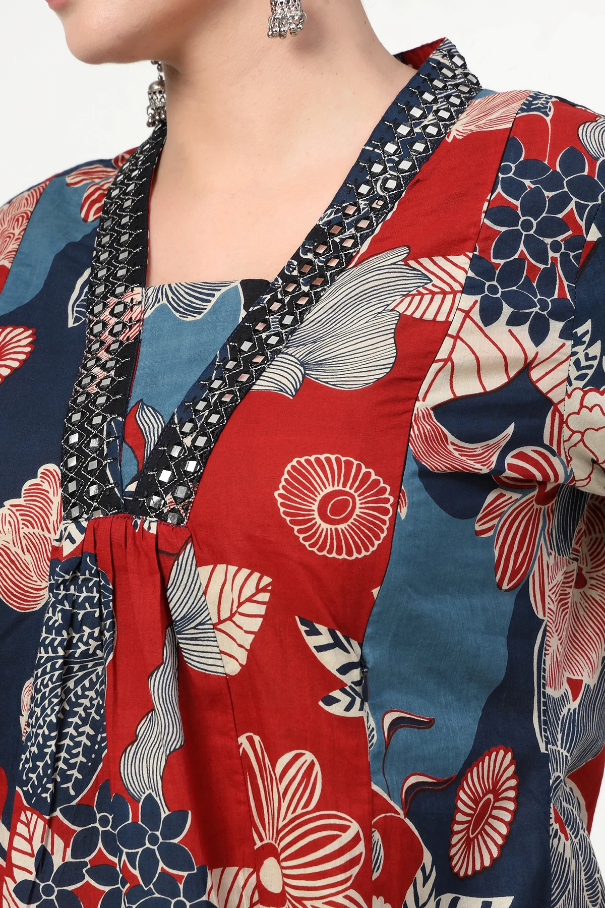 Embroidered Floral Print Cotton Maternity & Nursing Kurta Set - Navy Blue - Image 8