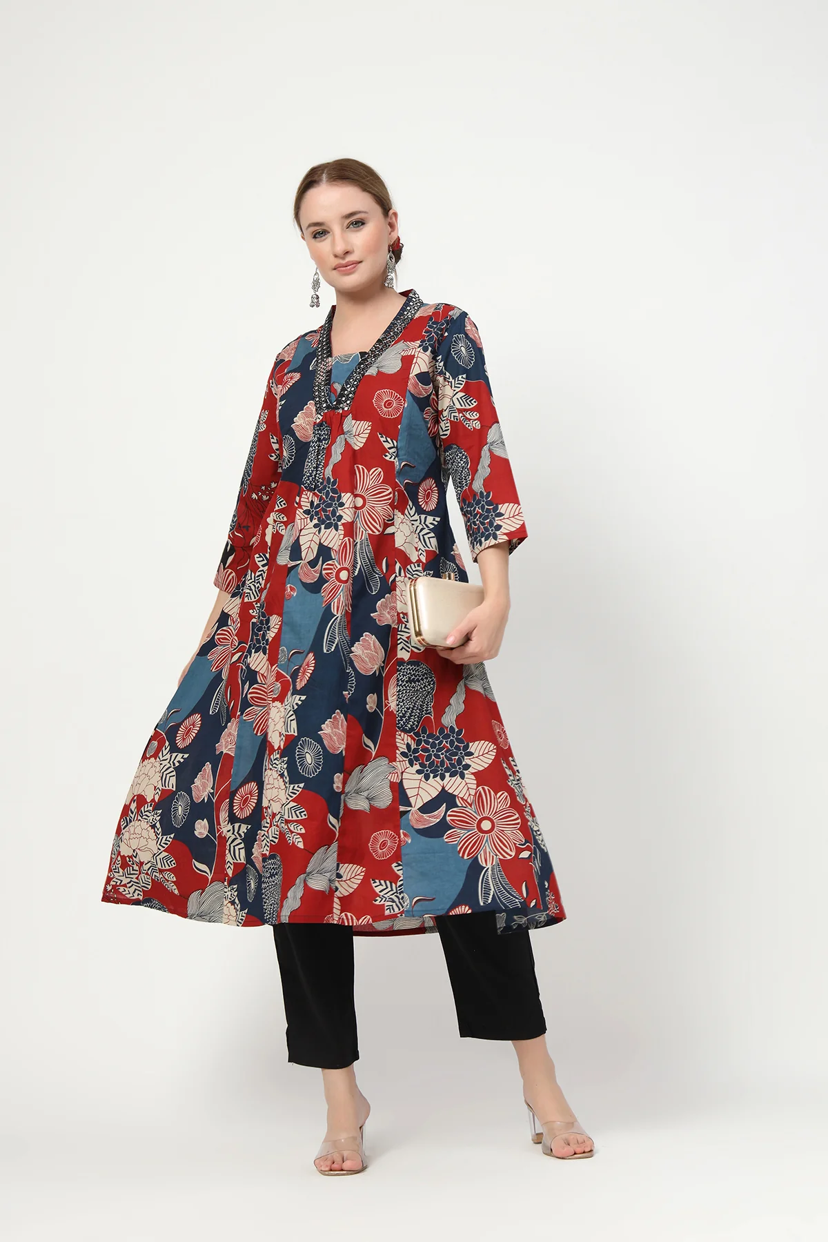 Embroidered Floral Print Cotton Maternity & Nursing Kurta Set - Navy Blue - Image 9