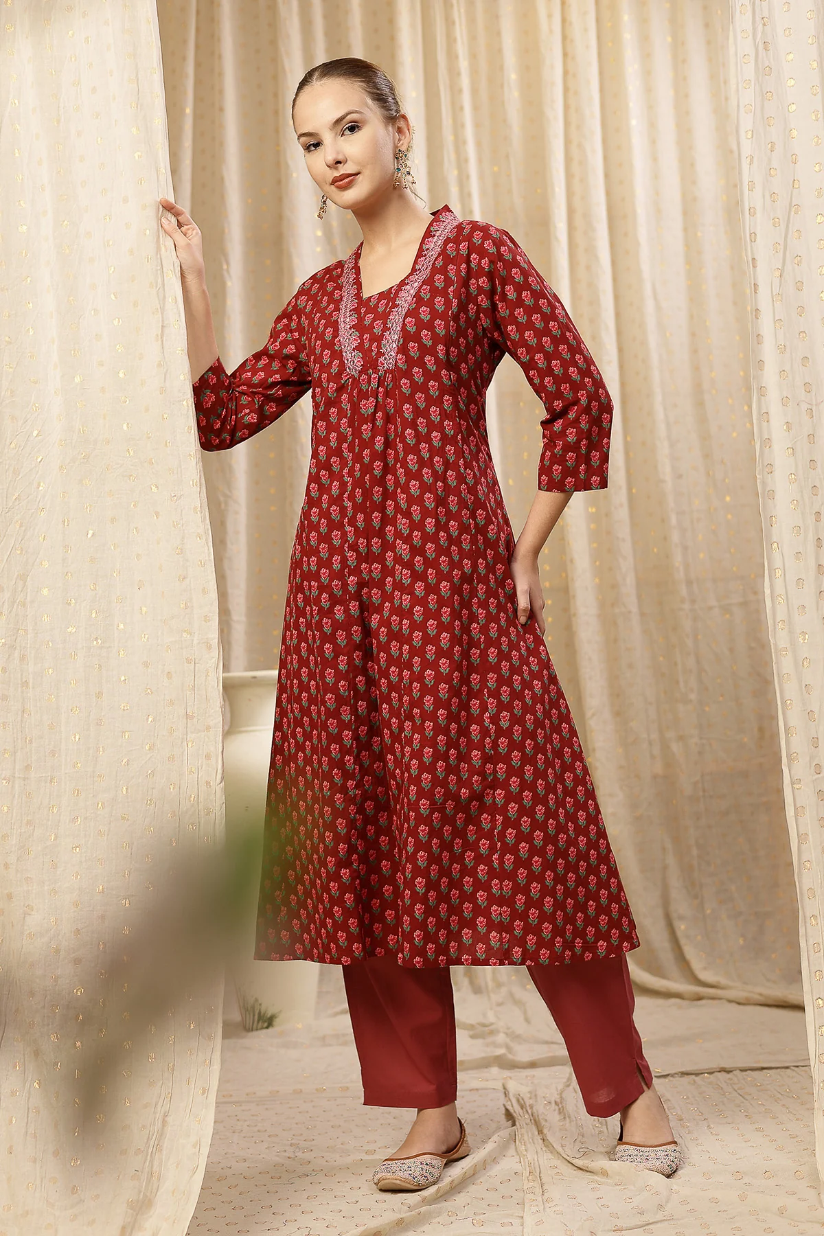 Embroidered Floral Print Cotton Maternity & Nursing Kurta Set - Pink - Image 10