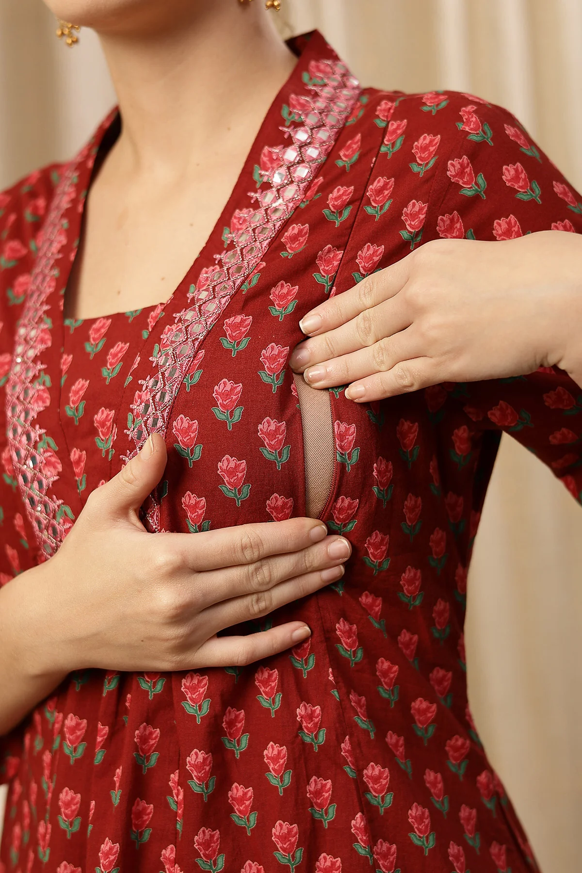 Embroidered Floral Print Cotton Maternity & Nursing Kurta Set - Pink - Image 2