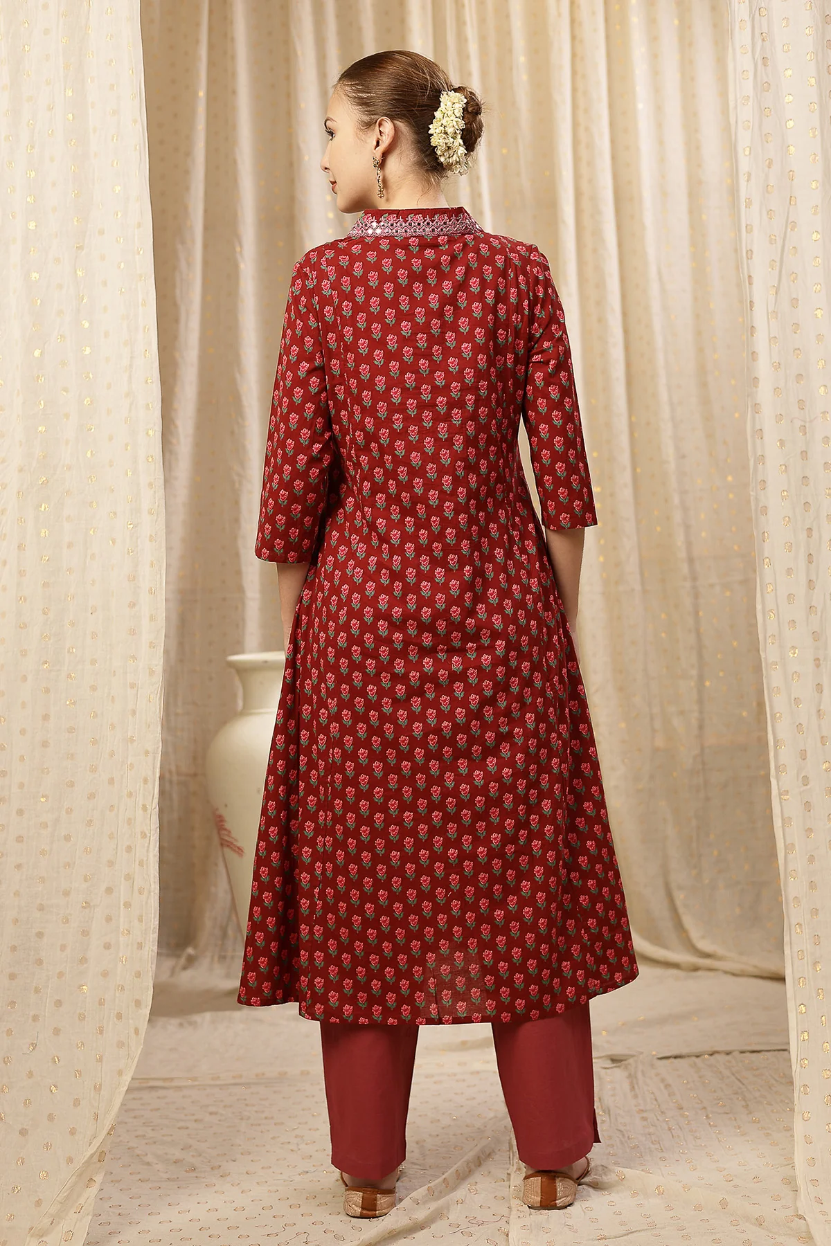 Embroidered Floral Print Cotton Maternity & Nursing Kurta Set - Pink - Image 3