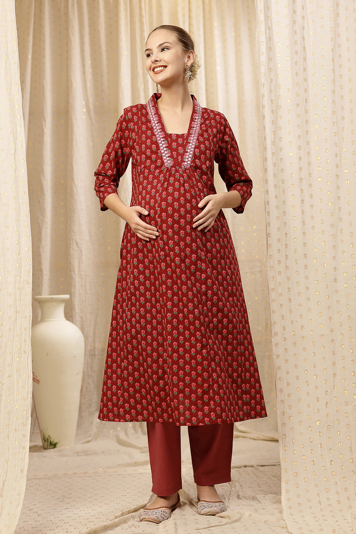 Embroidered Floral Print Cotton Maternity & Nursing Kurta Set - Pink - Image 4