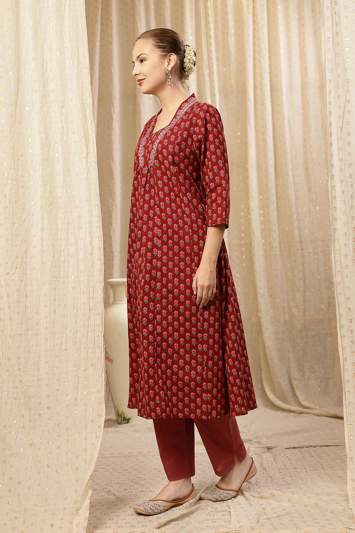 Embroidered Floral Print Cotton Maternity & Nursing Kurta Set - Pink - Image 7