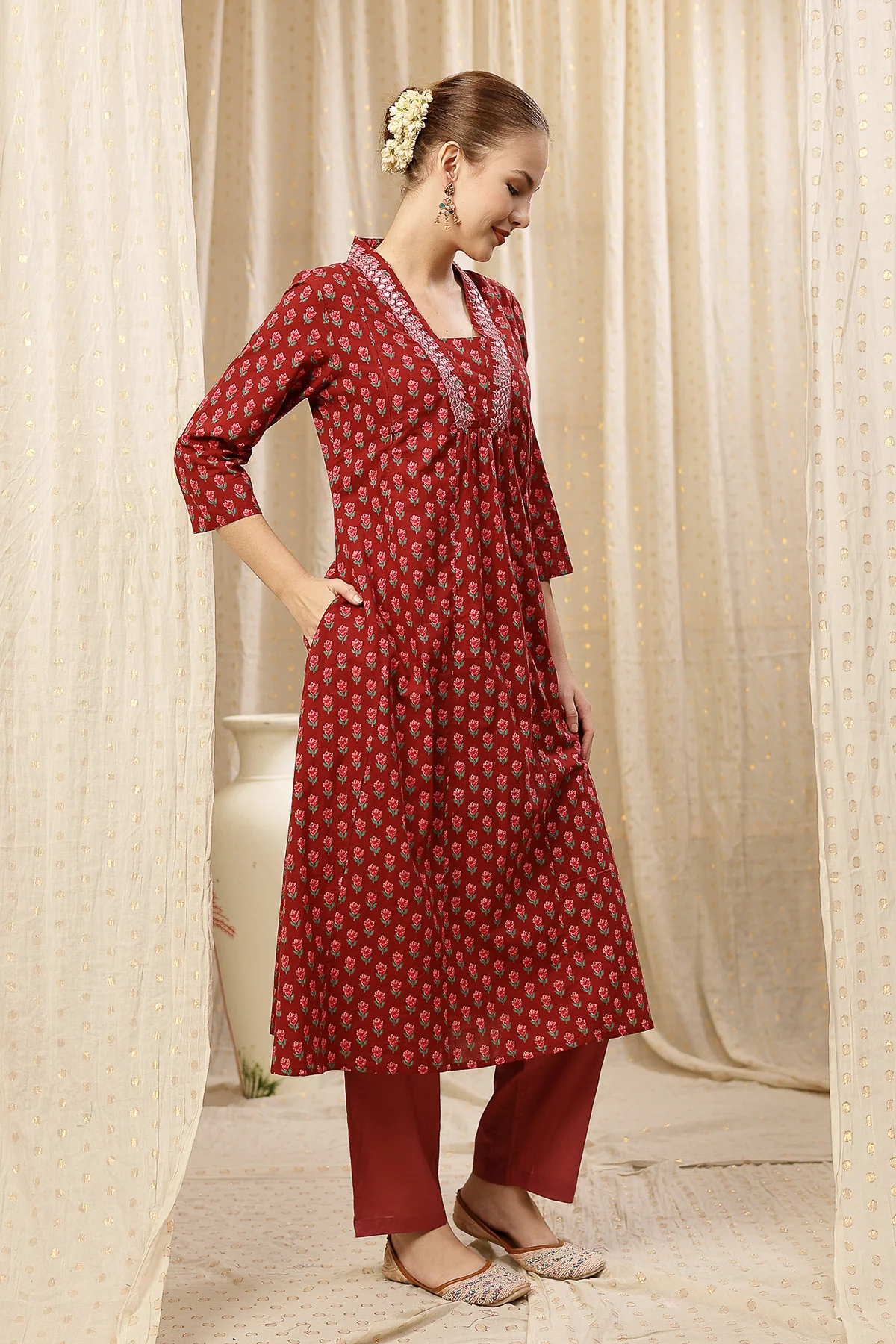 Embroidered Floral Print Cotton Maternity & Nursing Kurta Set - Pink - Image 8