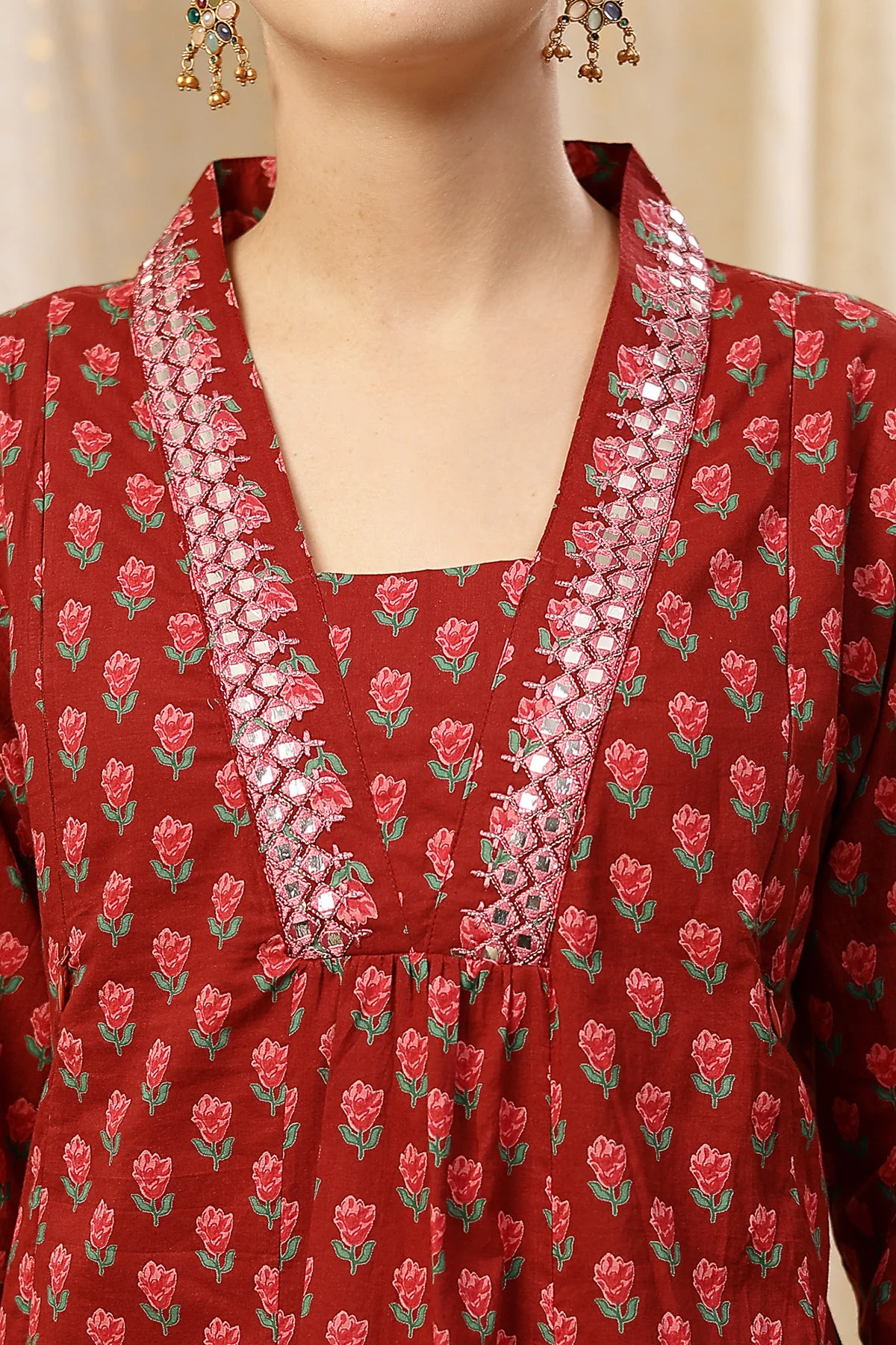 Embroidered Floral Print Cotton Maternity & Nursing Kurta Set - Pink - Image 9