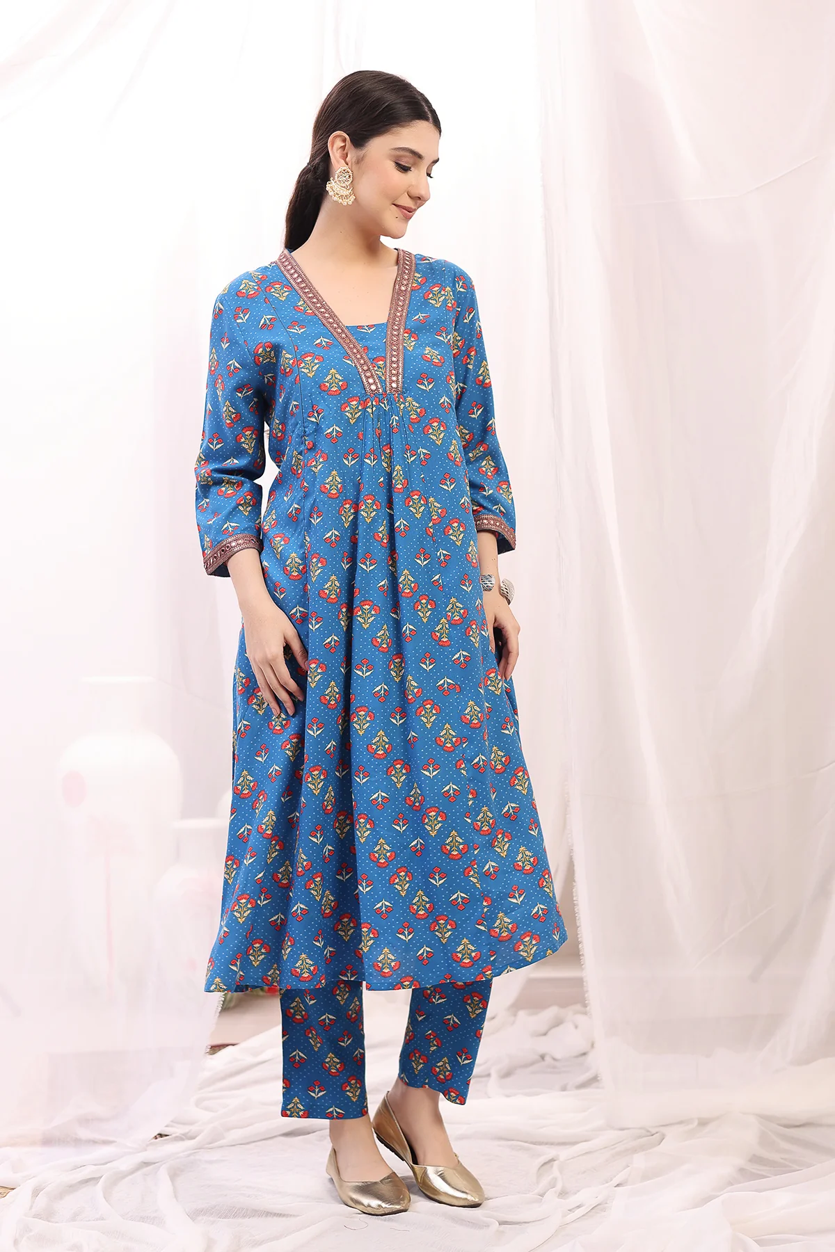 Embroidered Zip Feeding Kurta-Pant Set - Blue - Image 10