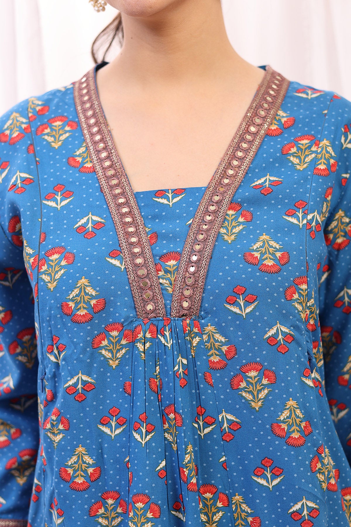 Embroidered Zip Feeding Kurta-Pant Set - Blue - Image 11