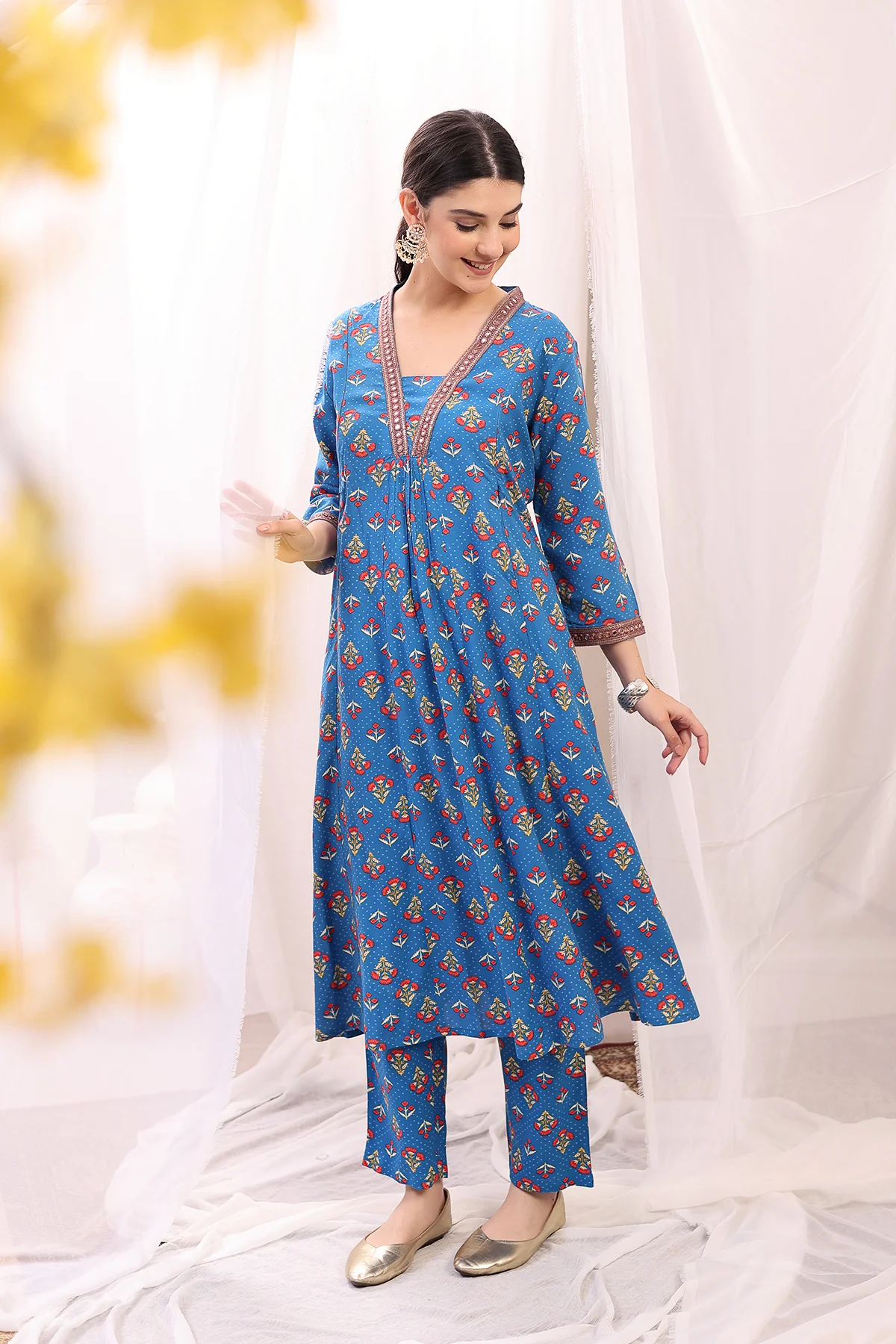 Embroidered Zip Feeding Kurta-Pant Set - Blue - Image 12