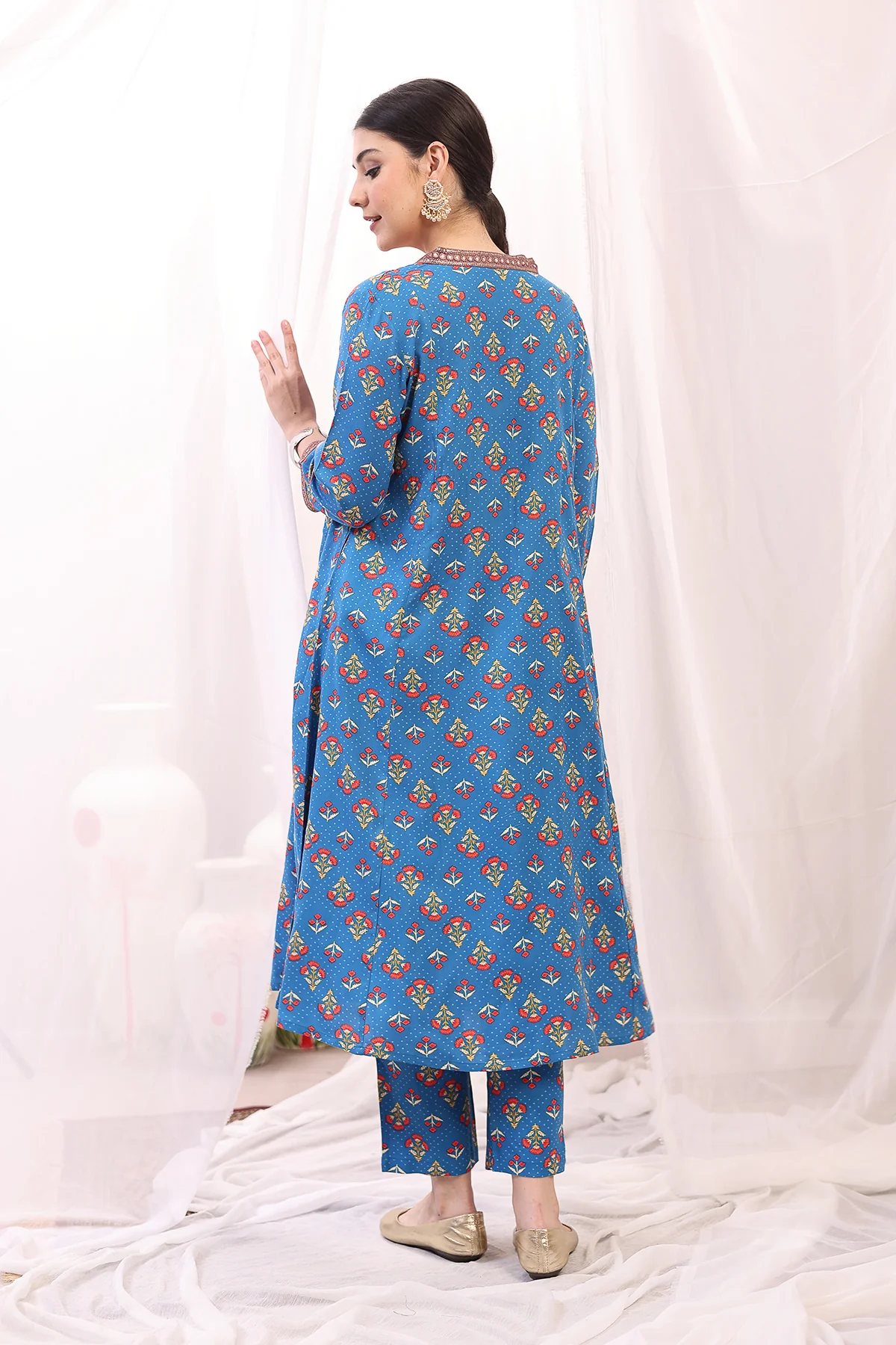 Embroidered Zip Feeding Kurta-Pant Set - Blue - Image 3
