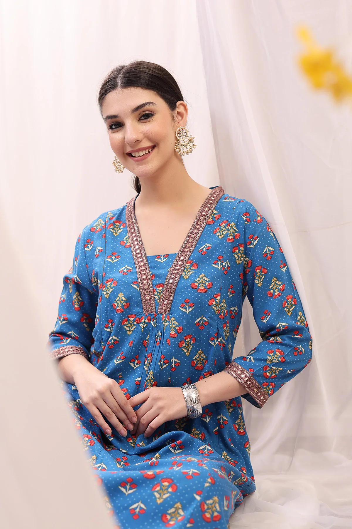 Embroidered Zip Feeding Kurta-Pant Set - Blue - Image 5