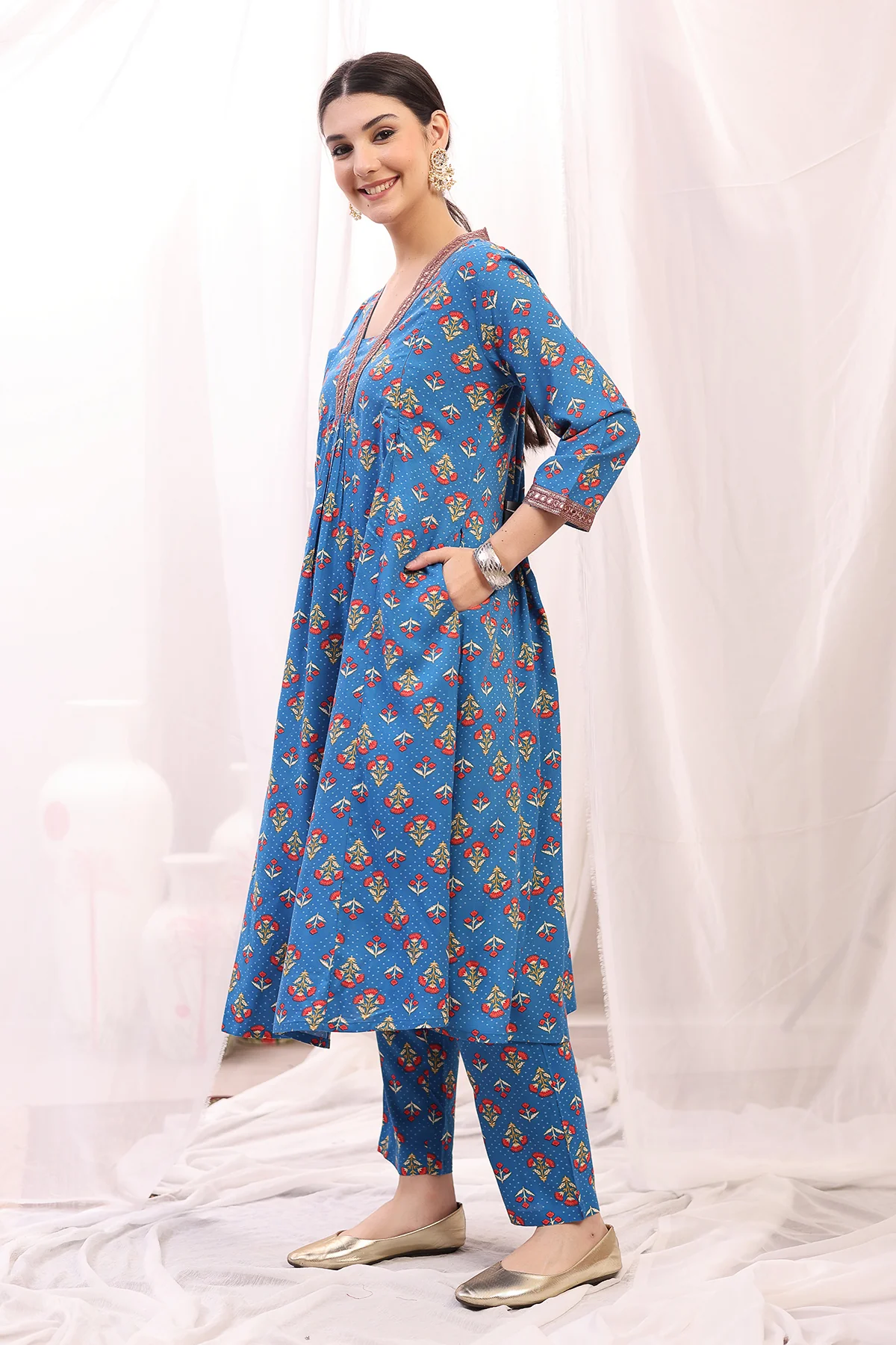 Embroidered Zip Feeding Kurta-Pant Set - Blue - Image 6