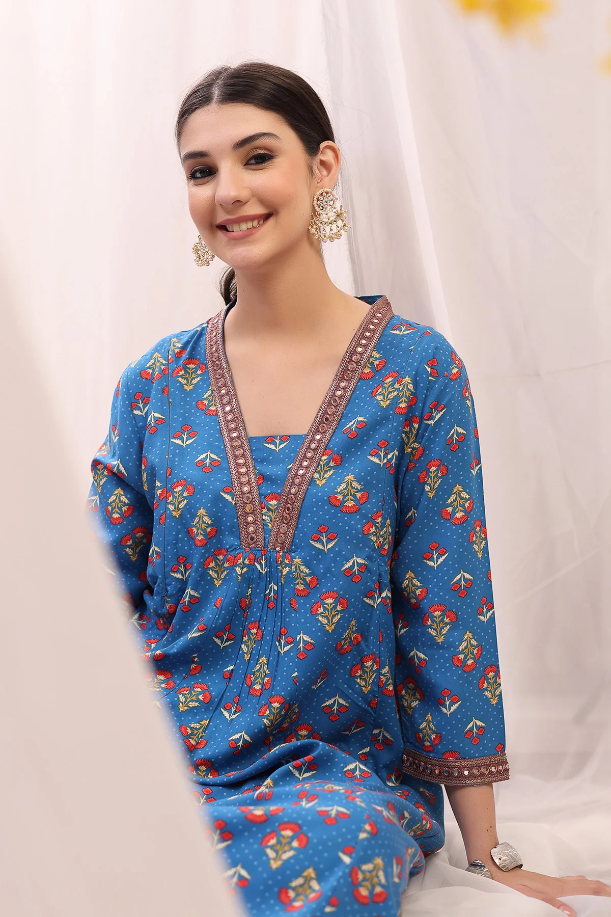 Embroidered Zip Feeding Kurta-Pant Set - Blue - Image 7