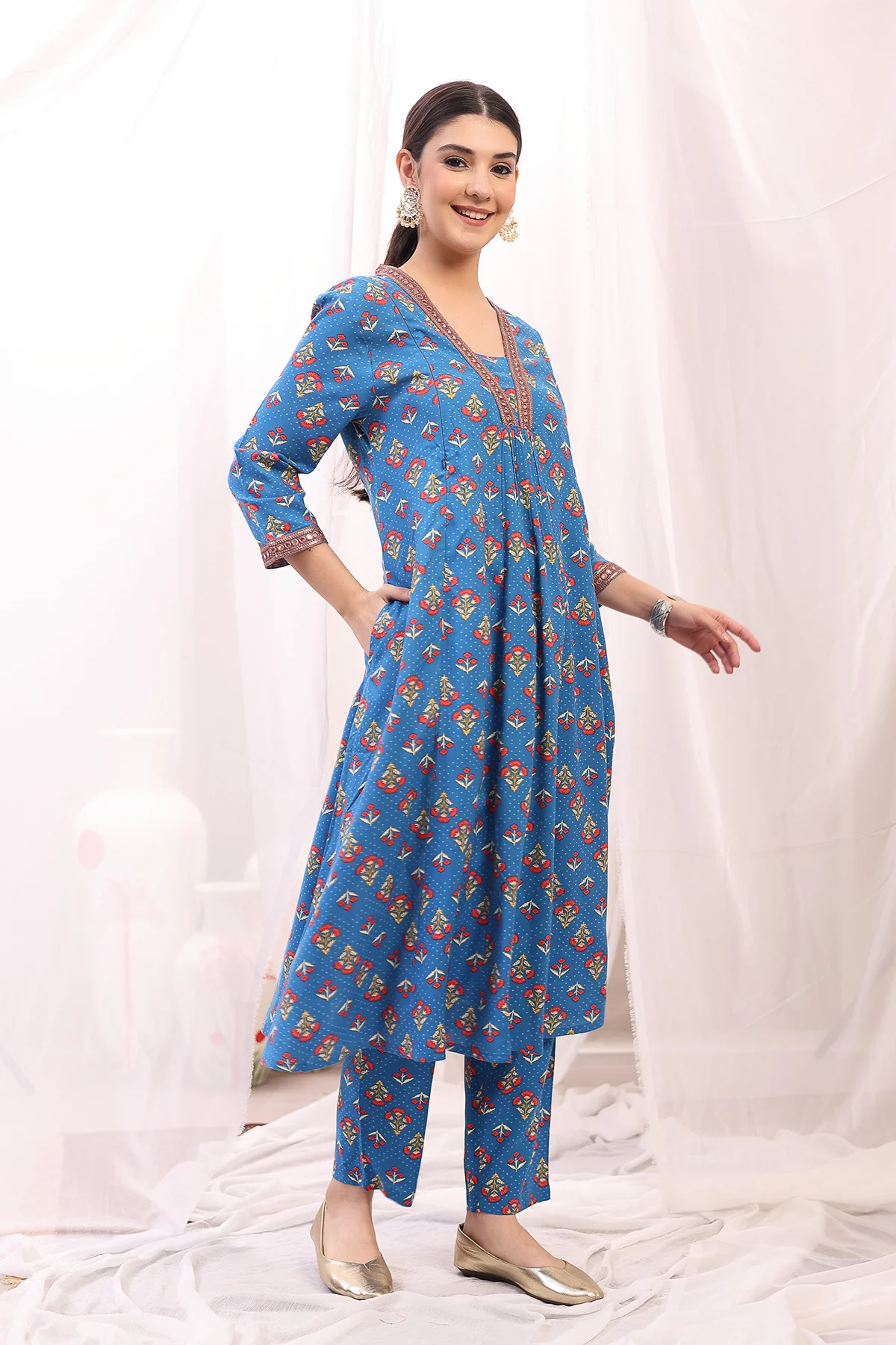 Embroidered Zip Feeding Kurta-Pant Set - Blue - Image 8