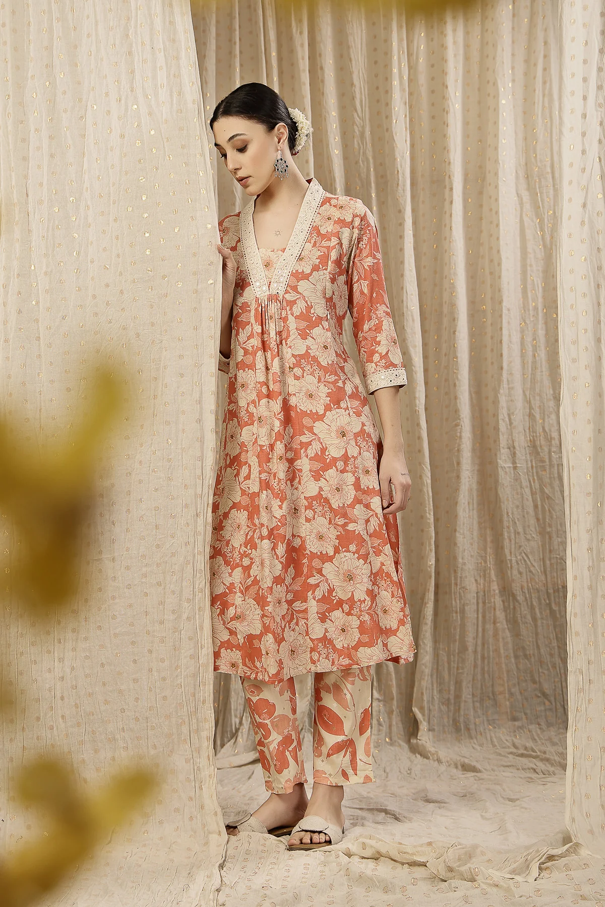 Embroidered Zip Feeding Kurta-Pant Set - Coral Pink - Image 10