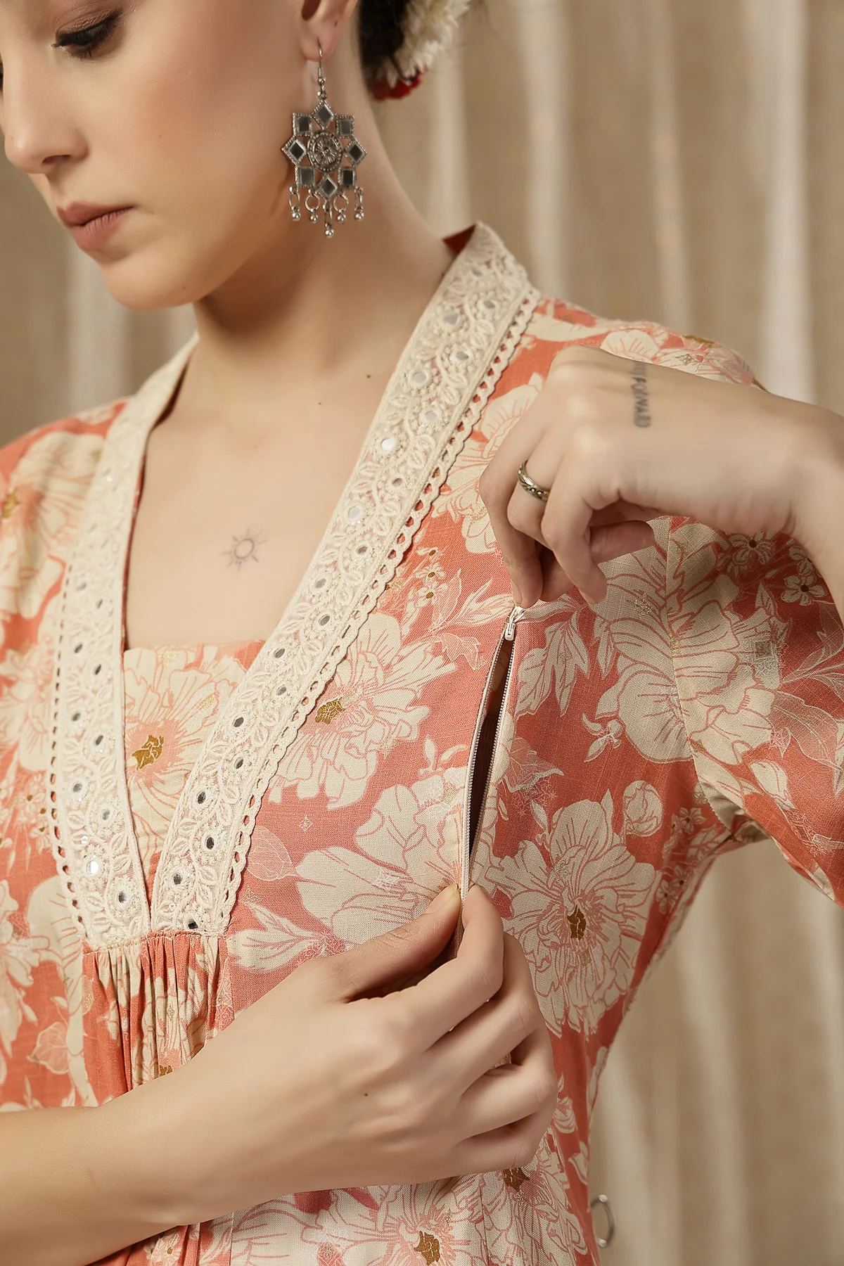 Embroidered Zip Feeding Kurta-Pant Set - Coral Pink - Image 2