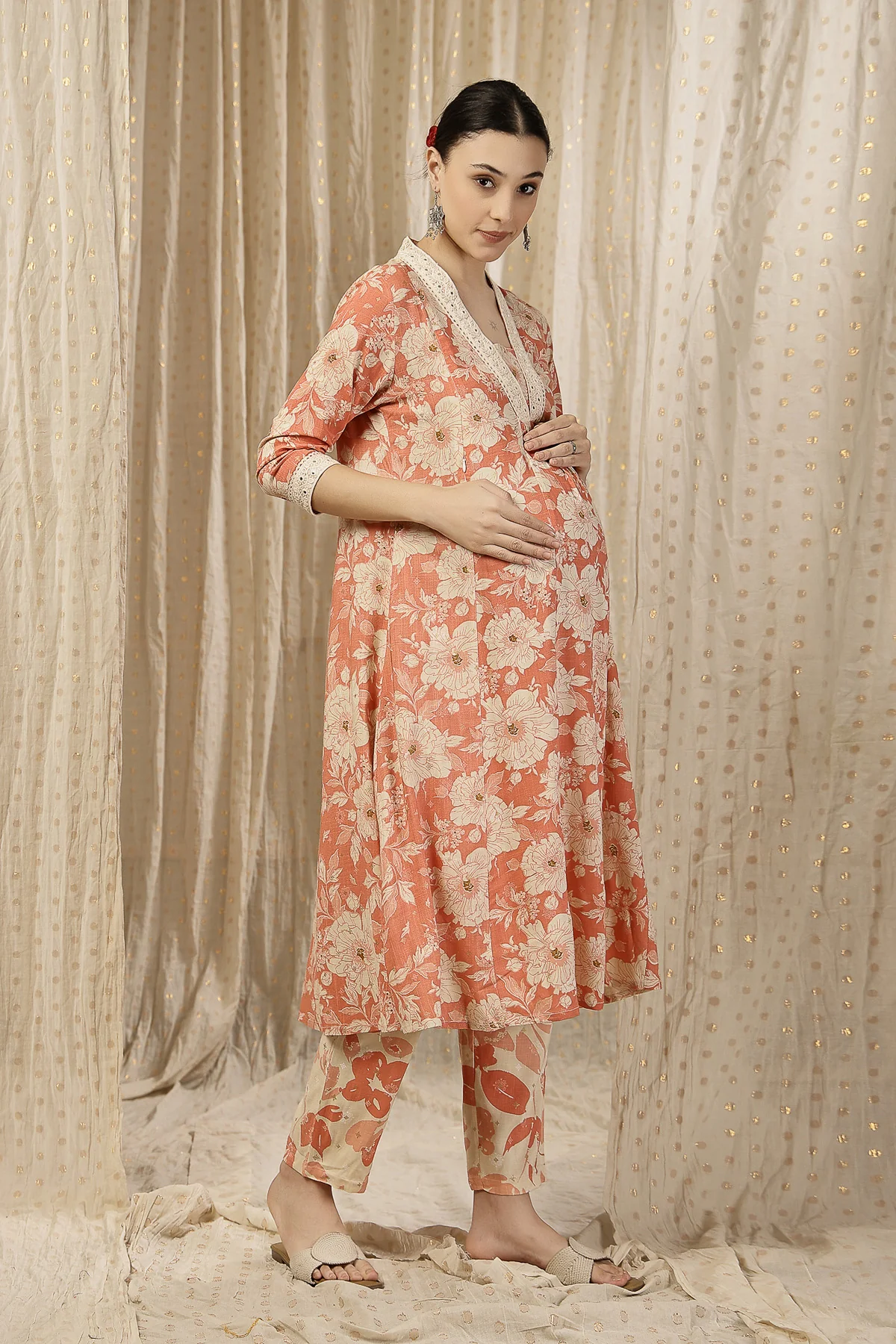 Embroidered Zip Feeding Kurta-Pant Set - Coral Pink - Image 4