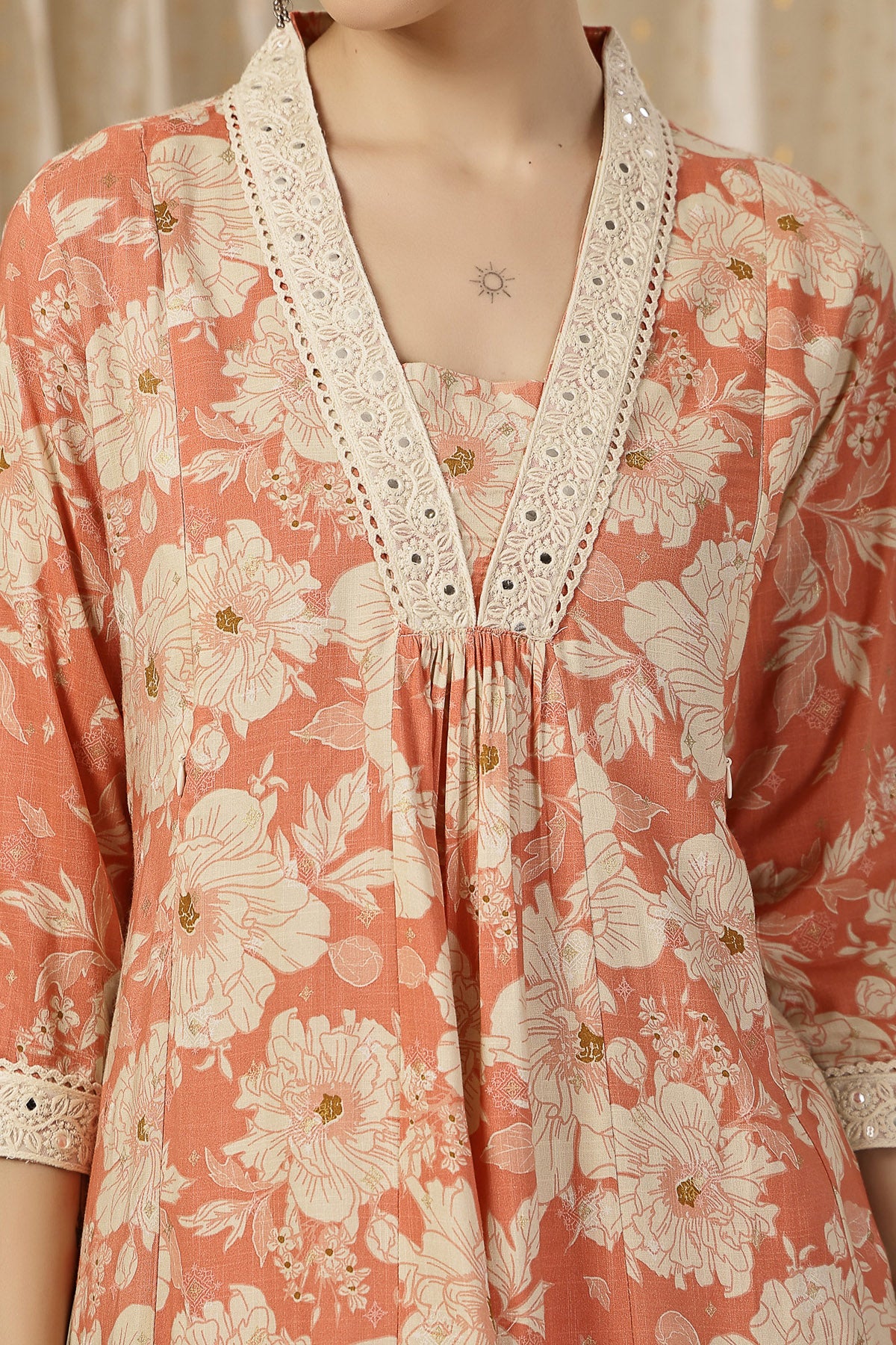 Embroidered Zip Feeding Kurta-Pant Set - Coral Pink - Image 7