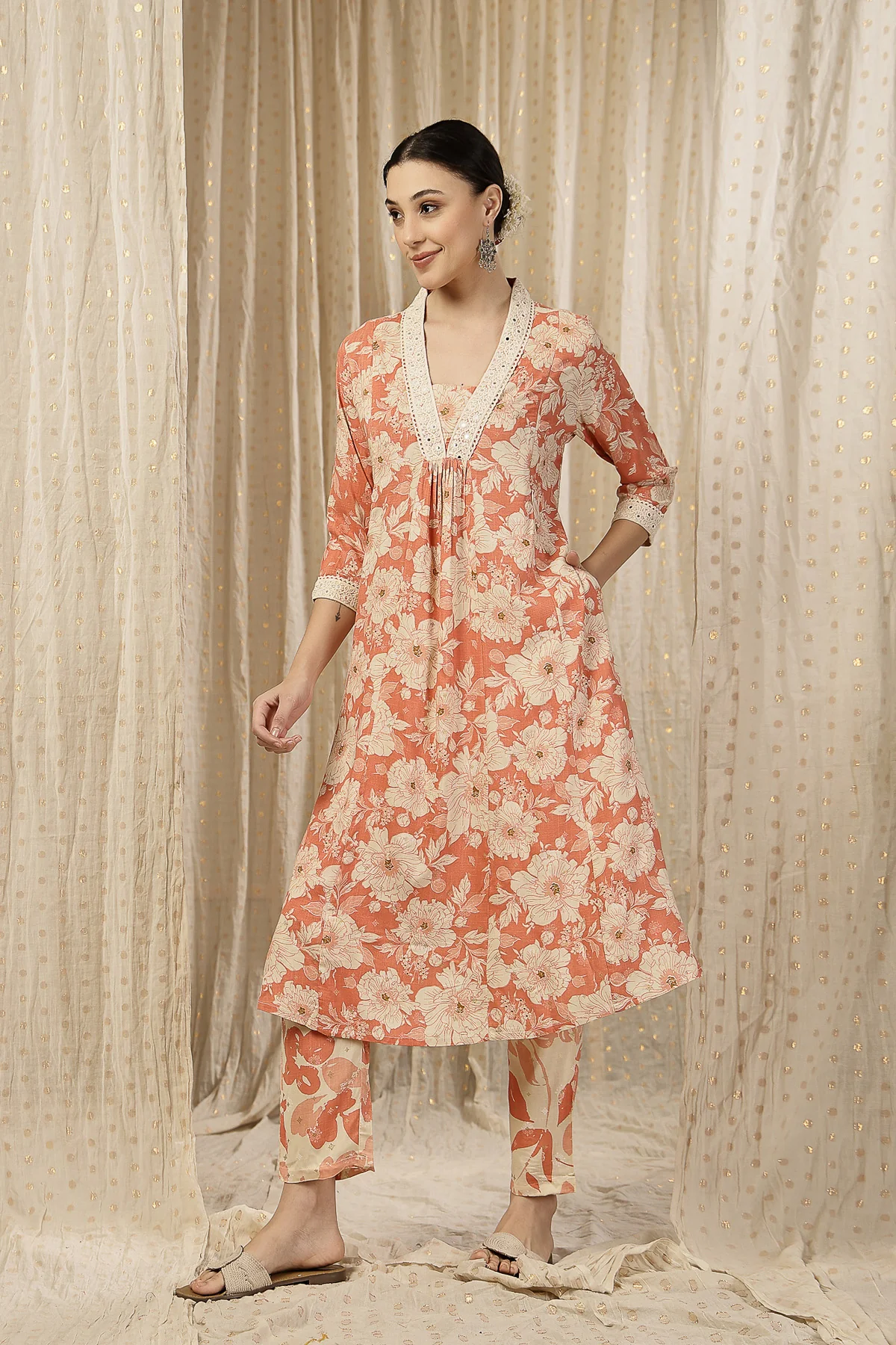 Embroidered Zip Feeding Kurta-Pant Set - Coral Pink - Image 9