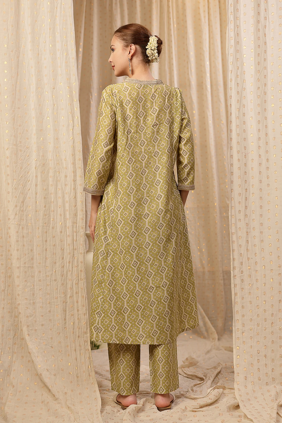 Embroidered Zip Feeding Kurta-Pant Set - Olive Green - Image 3