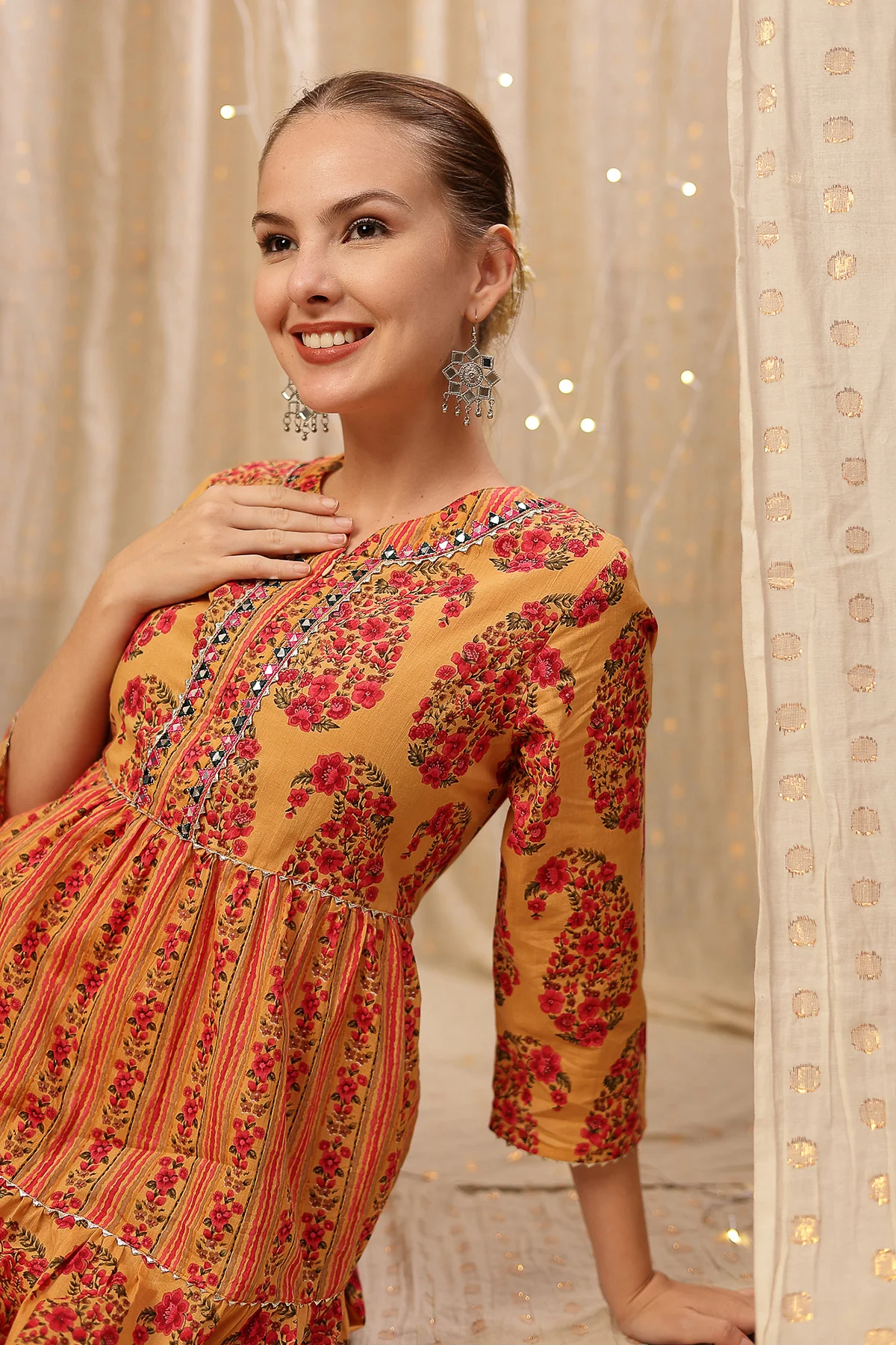 Ethnic Cotton Tiered Maternity Kurti for Feeding - Beige - Image 10