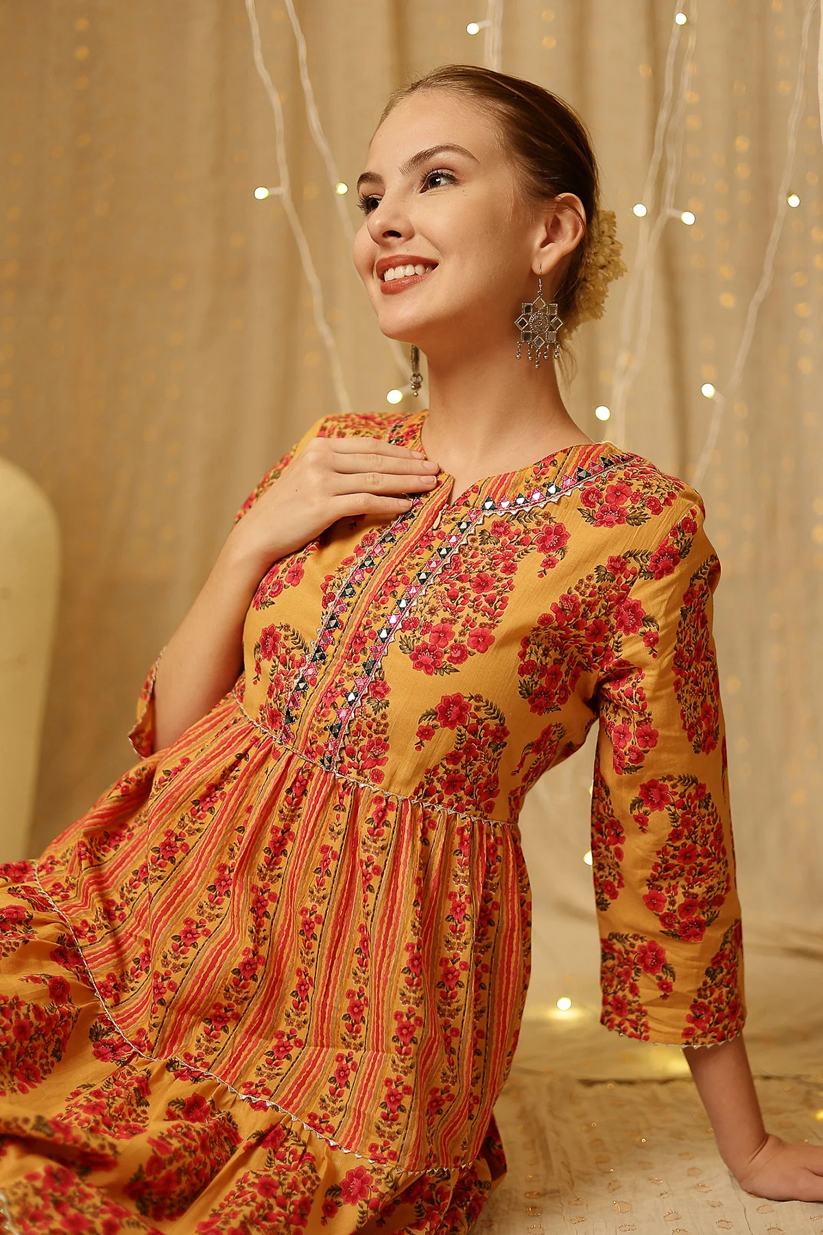 Ethnic Cotton Tiered Maternity Kurti for Feeding - Beige - Image 11