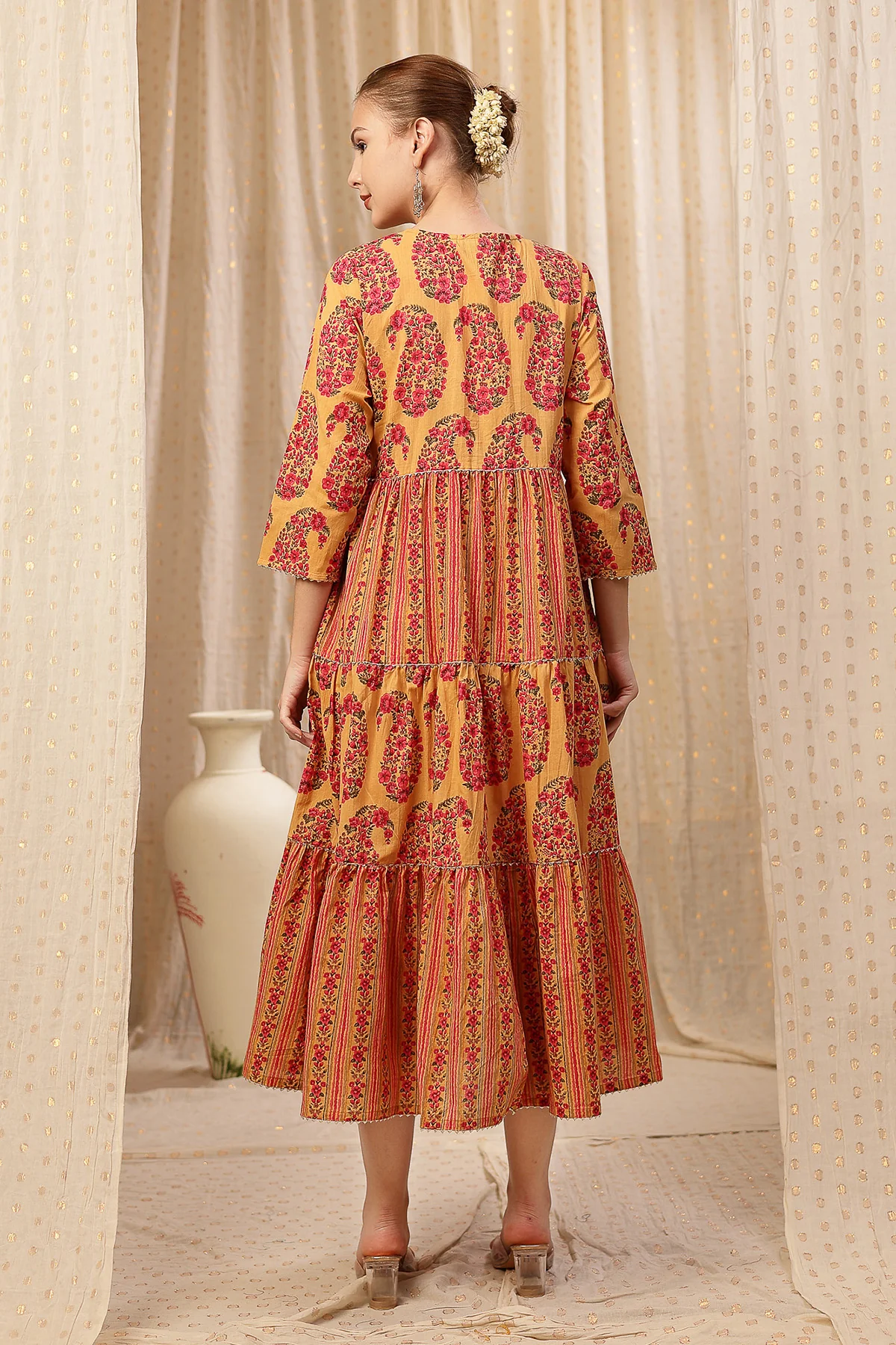 Ethnic Cotton Tiered Maternity Kurti for Feeding - Beige - Image 4