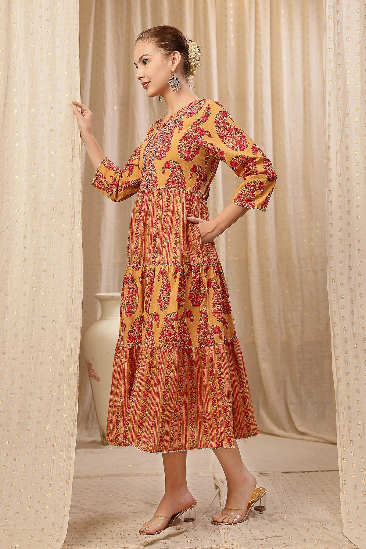 Ethnic Cotton Tiered Maternity Kurti for Feeding - Beige - Image 5