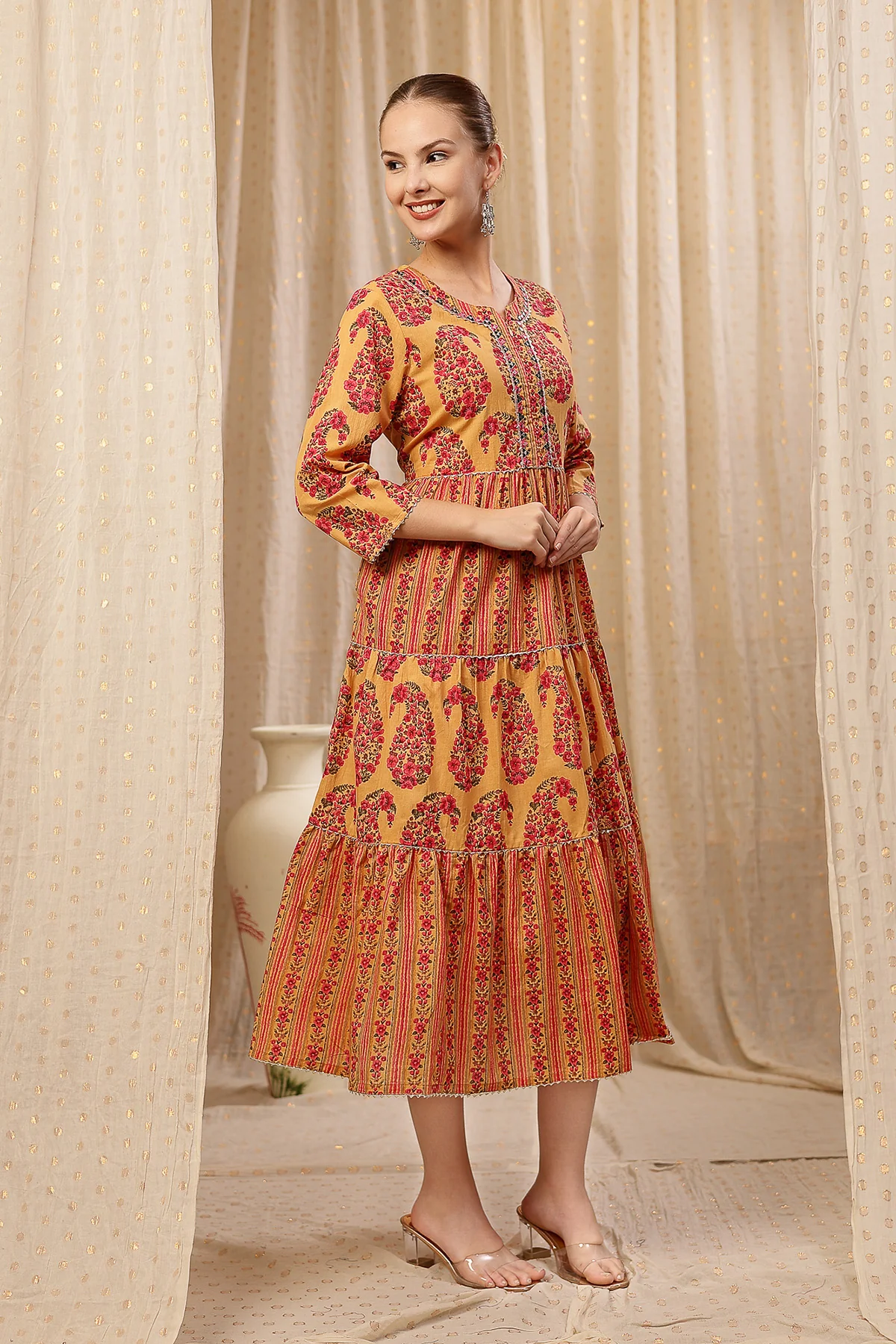 Ethnic Cotton Tiered Maternity Kurti for Feeding - Beige - Image 6