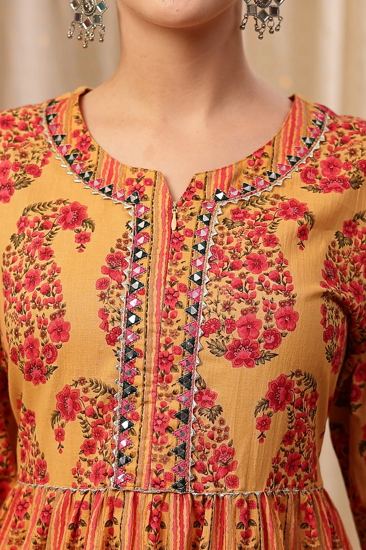 Ethnic Cotton Tiered Maternity Kurti for Feeding - Beige - Image 7