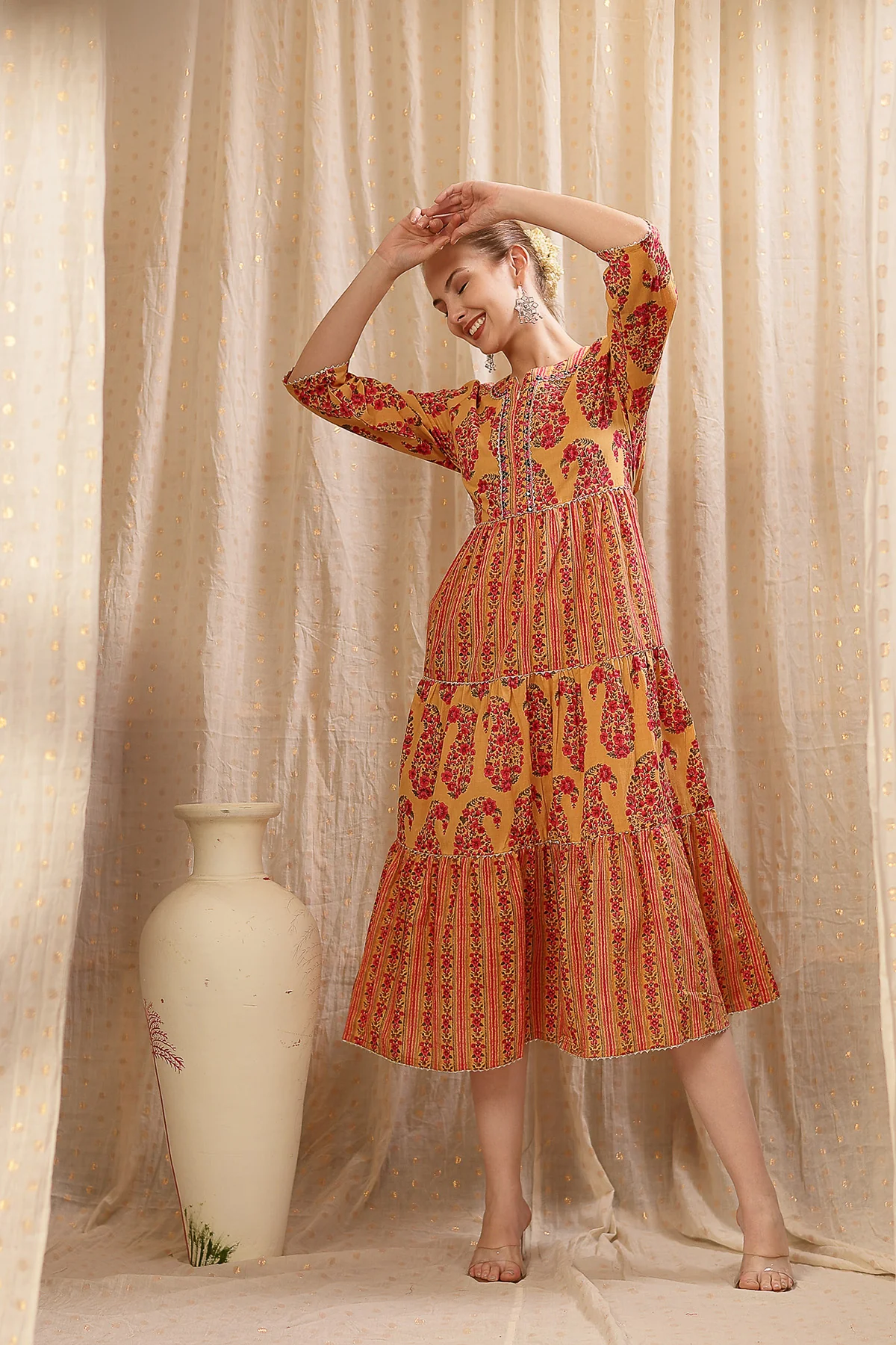 Ethnic Cotton Tiered Maternity Kurti for Feeding - Beige - Image 8