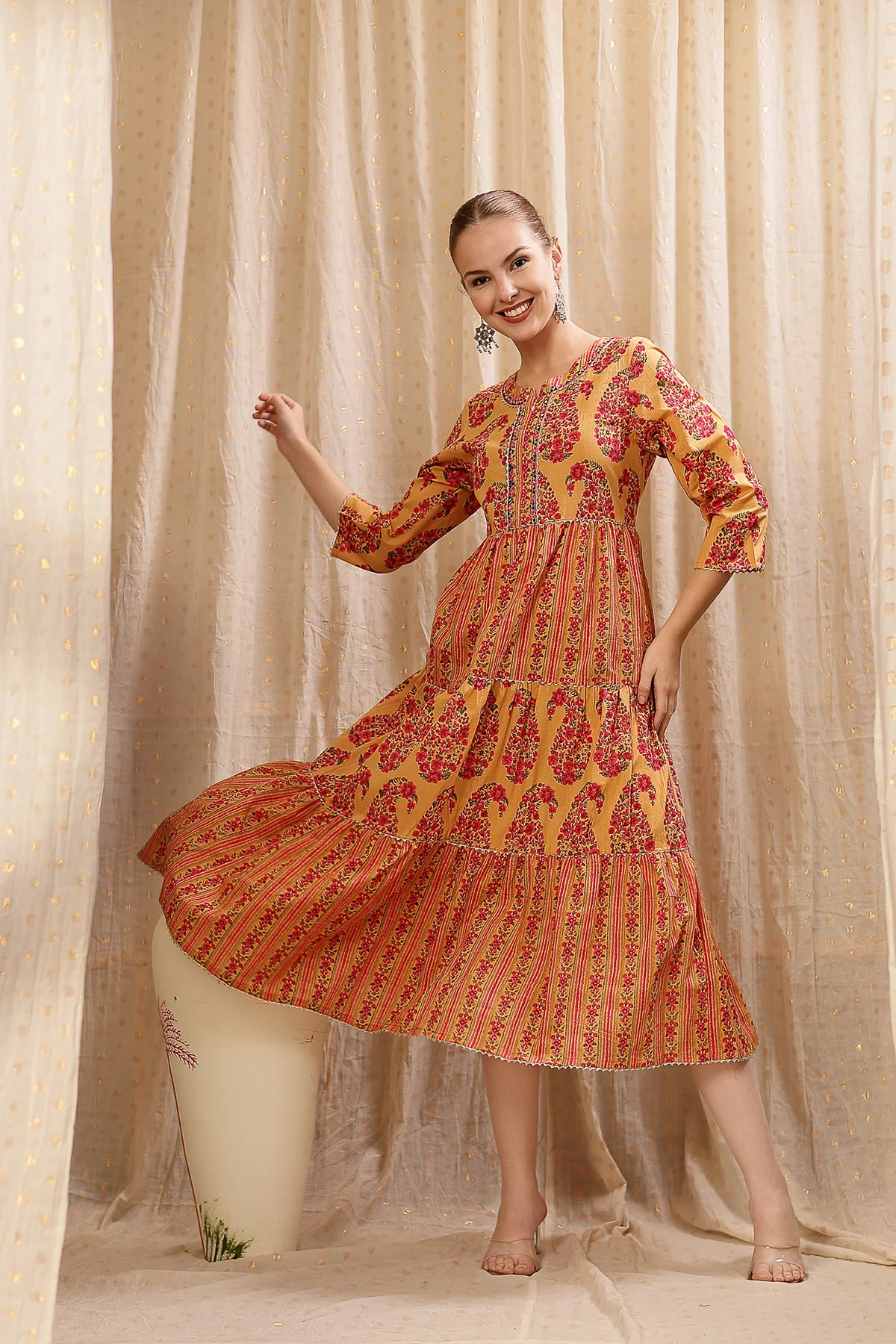 Ethnic Cotton Tiered Maternity Kurti for Feeding - Beige - Image 9