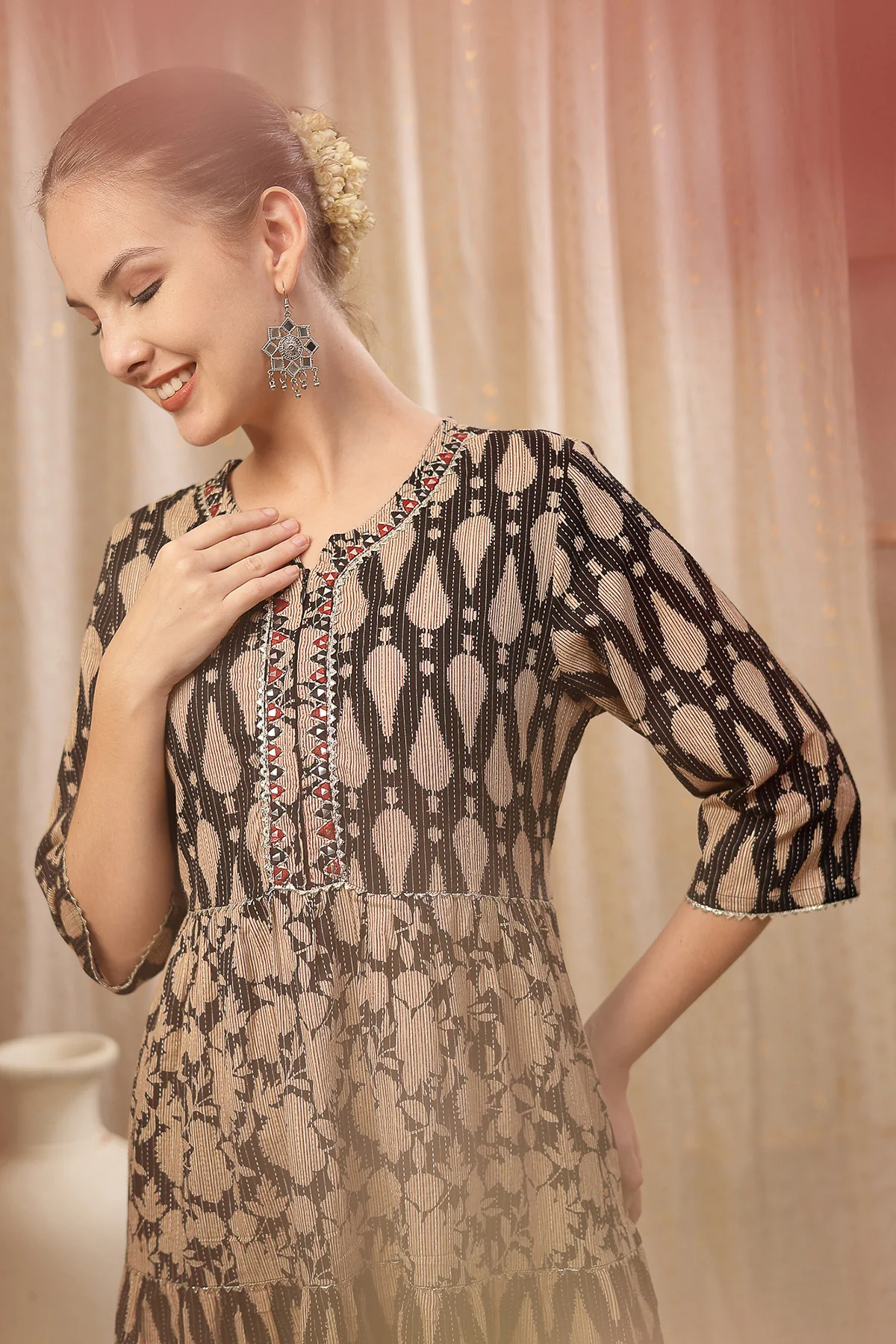 Ethnic Cotton Tiered Maternity Kurti for Feeding - Black - Image 10