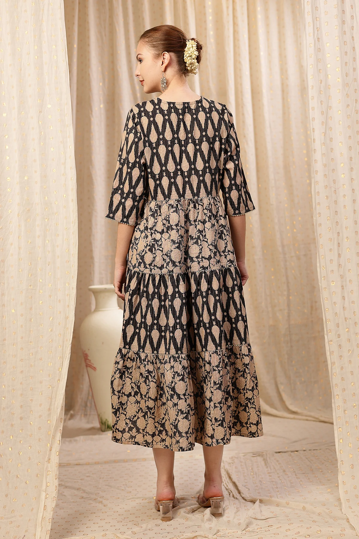 Ethnic Cotton Tiered Maternity Kurti for Feeding - Black - Image 3