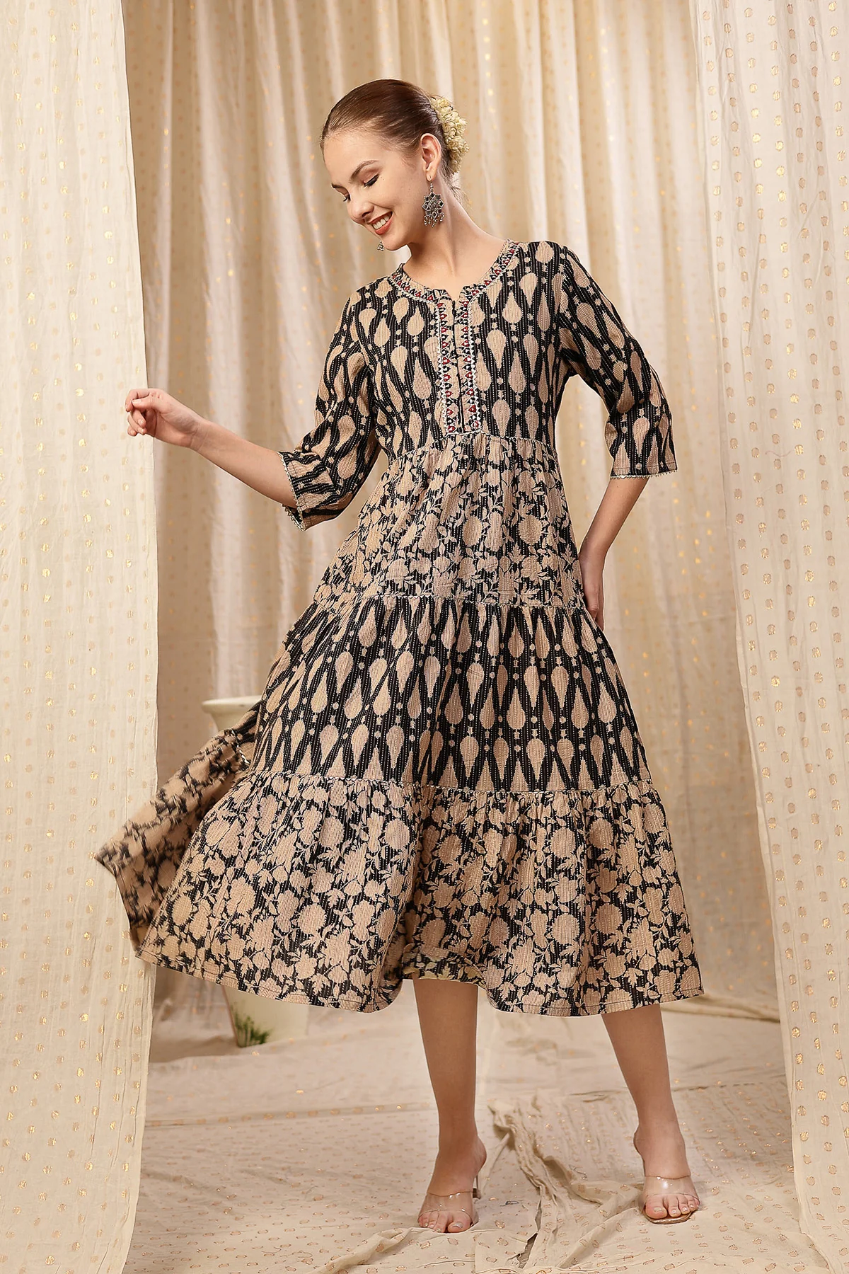 Ethnic Cotton Tiered Maternity Kurti for Feeding - Black - Image 4