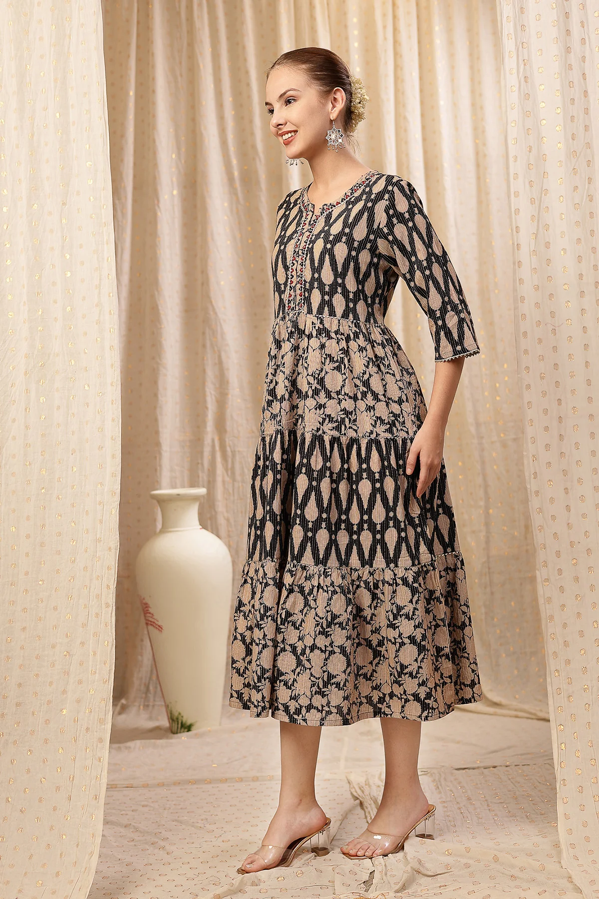 Ethnic Cotton Tiered Maternity Kurti for Feeding - Black - Image 5