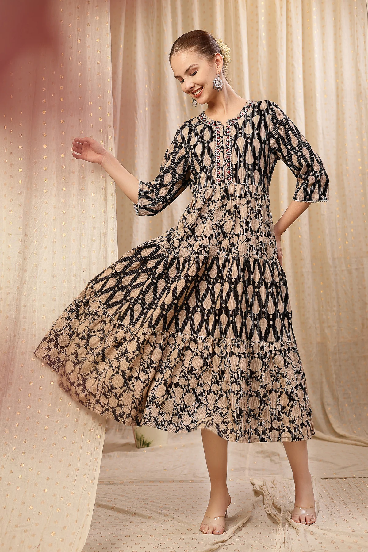 Ethnic Cotton Tiered Maternity Kurti for Feeding - Black - Image 8