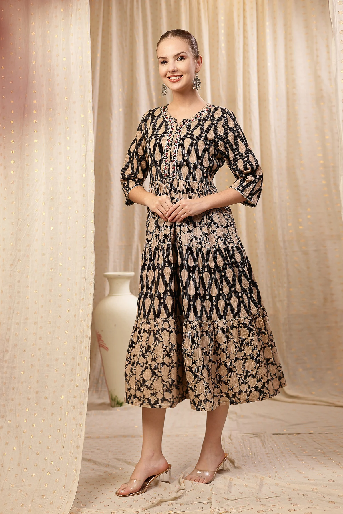 Ethnic Cotton Tiered Maternity Kurti for Feeding - Black - Image 9