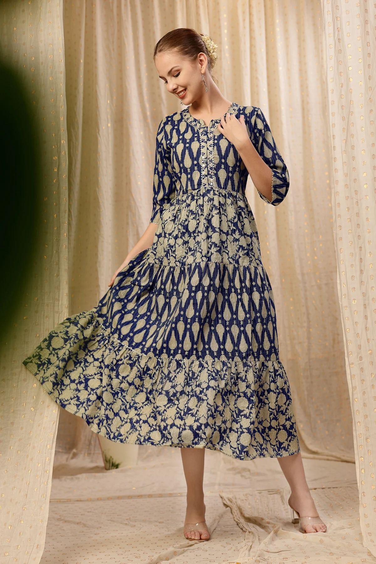 Ethnic Cotton Tiered Maternity Kurti for Feeding - Deep Navy - Image 10