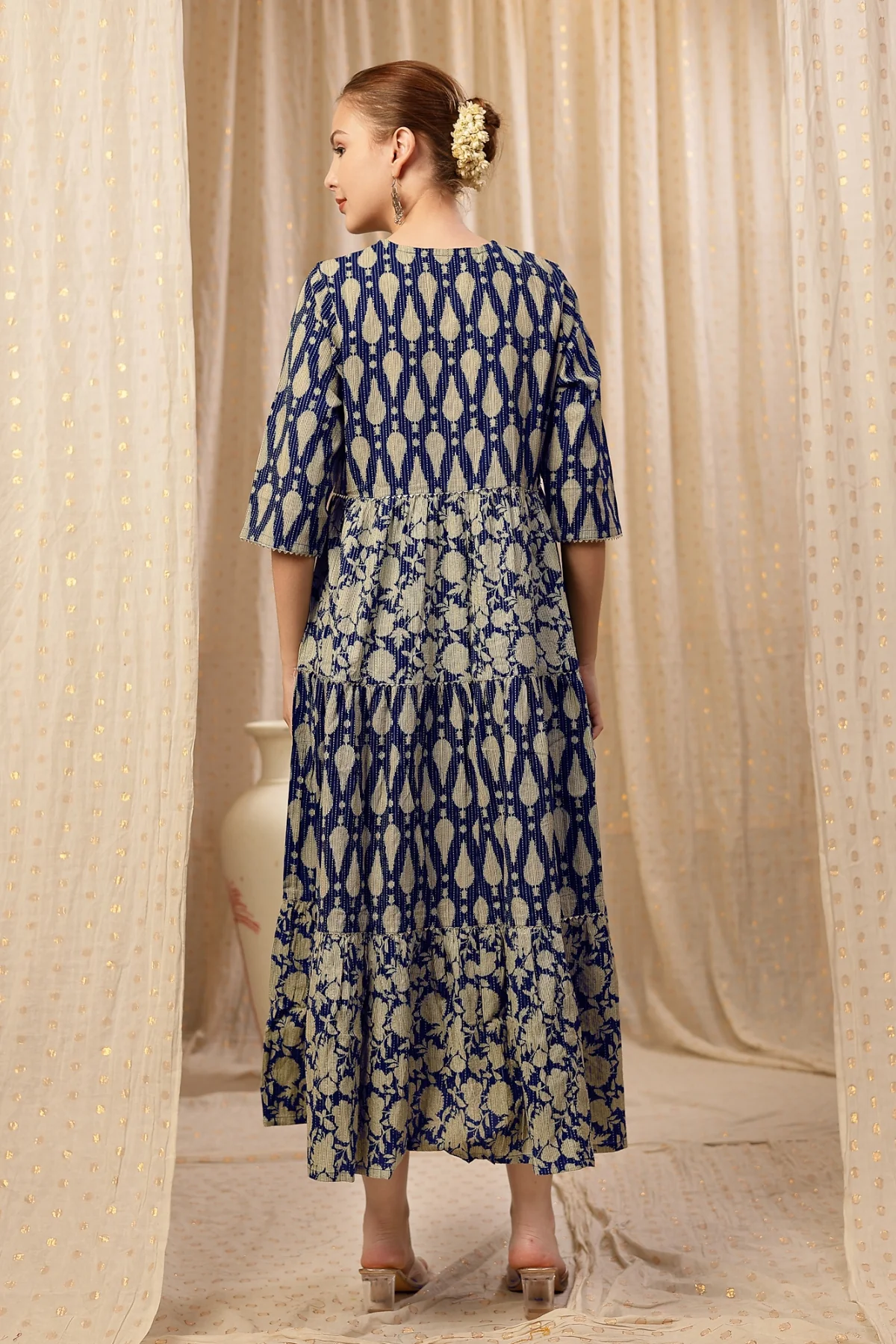 Ethnic Cotton Tiered Maternity Kurti for Feeding - Deep Navy - Image 3
