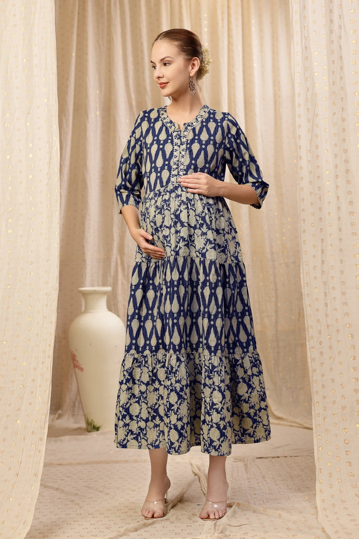 Ethnic Cotton Tiered Maternity Kurti for Feeding - Deep Navy - Image 4