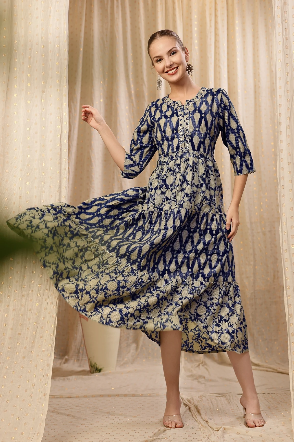 Ethnic Cotton Tiered Maternity Kurti for Feeding - Deep Navy - Image 7