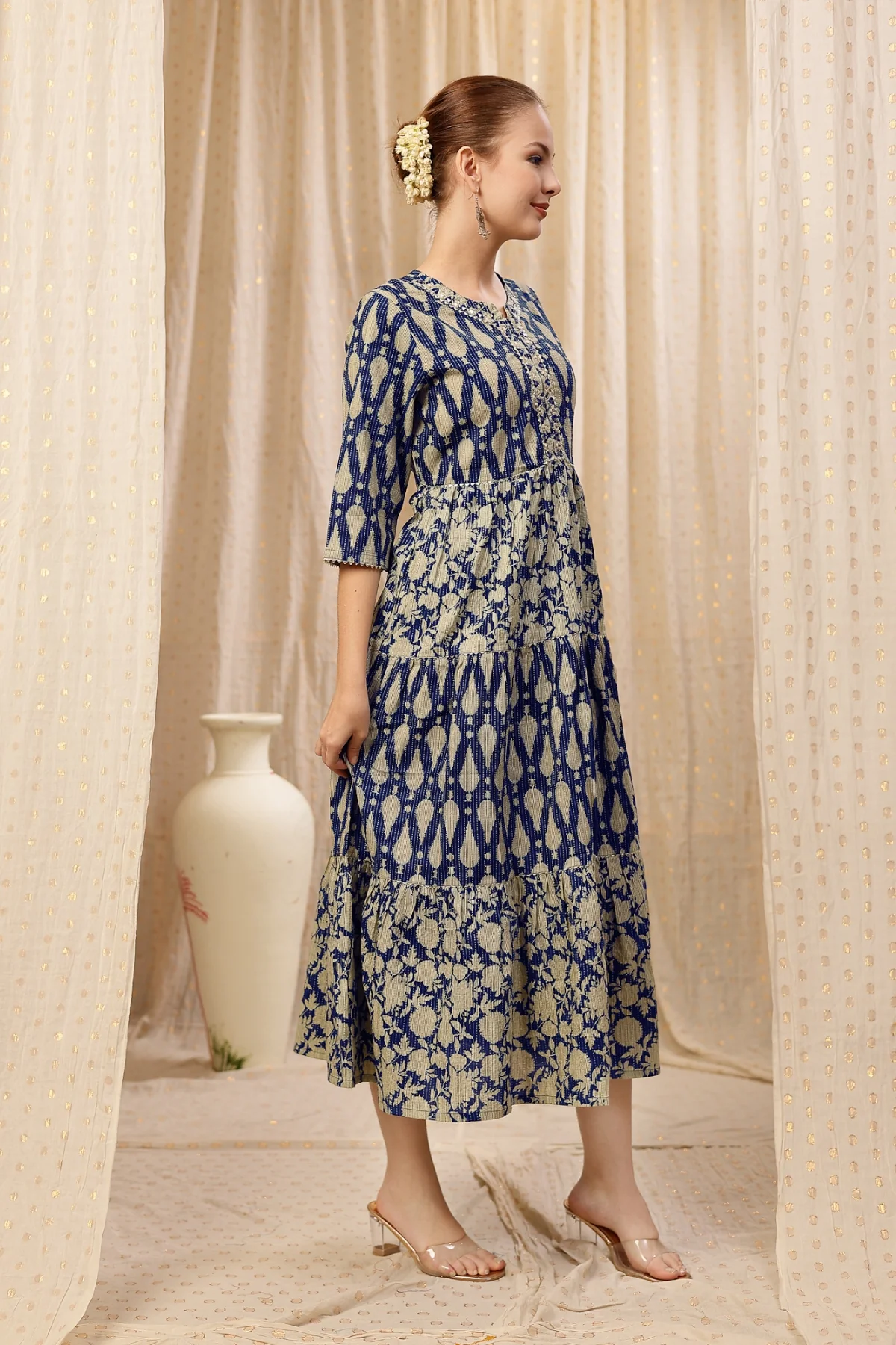 Ethnic Cotton Tiered Maternity Kurti for Feeding - Deep Navy - Image 8