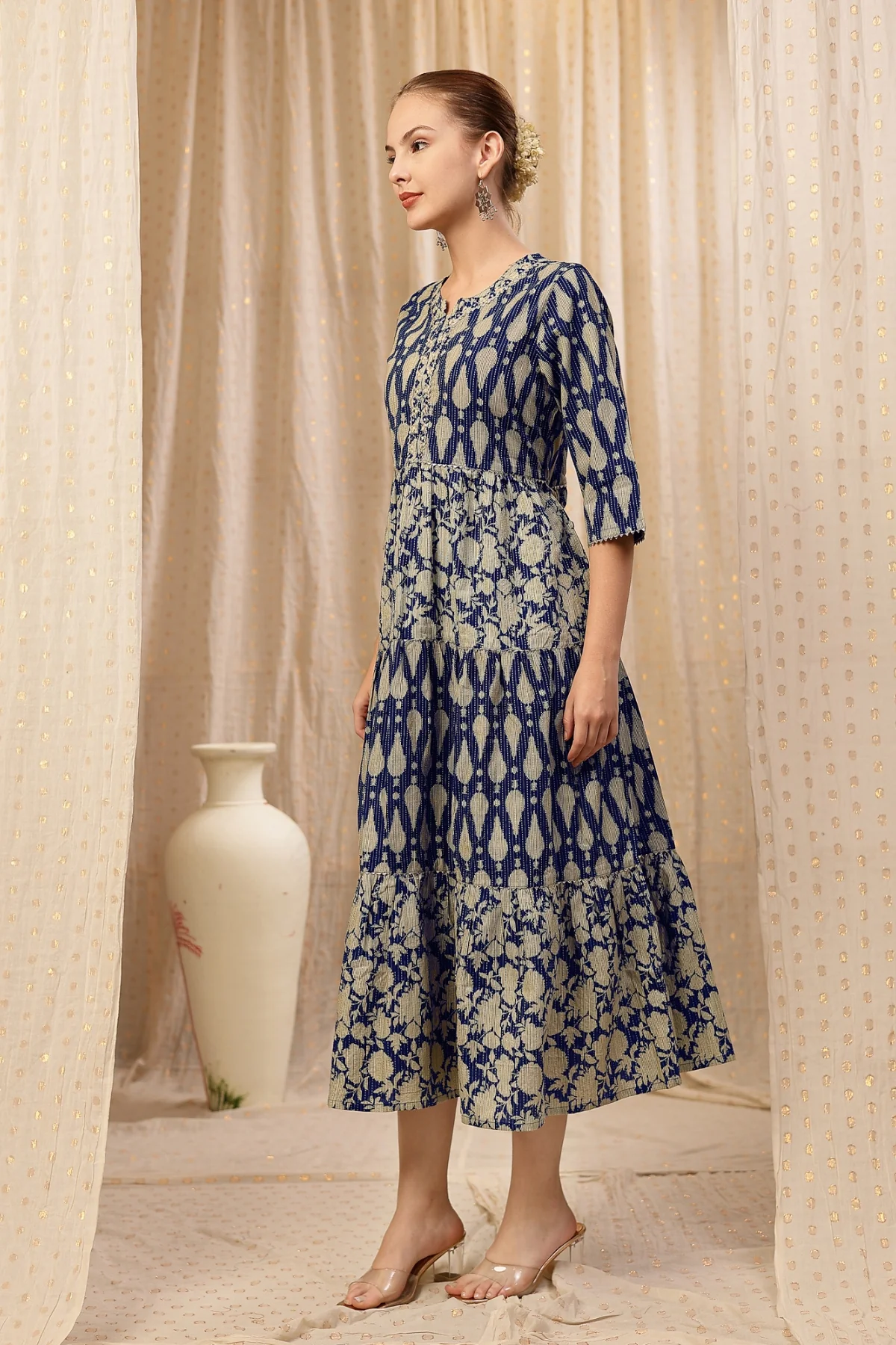 Ethnic Cotton Tiered Maternity Kurti for Feeding - Deep Navy - Image 9
