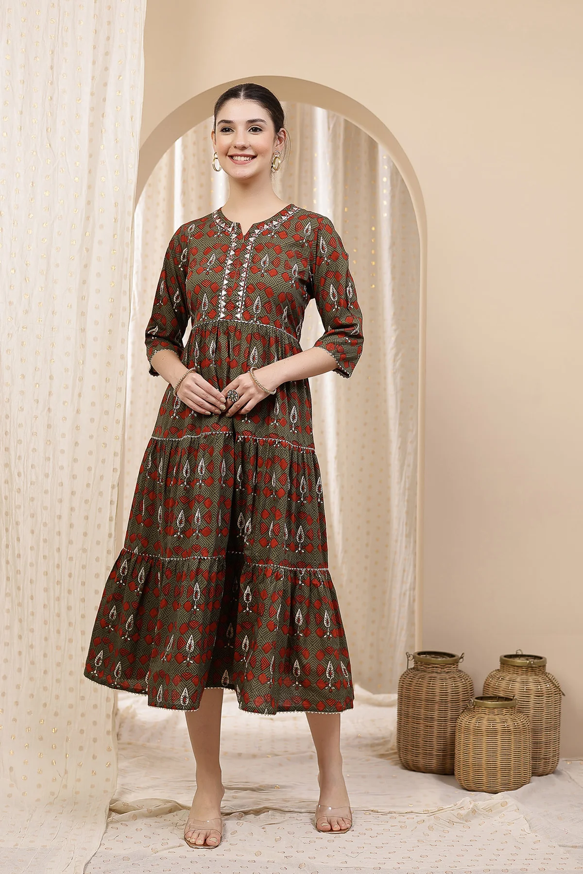 Ethnic Cotton Tiered Maternity Kurti for Feeding - Green - Image 10