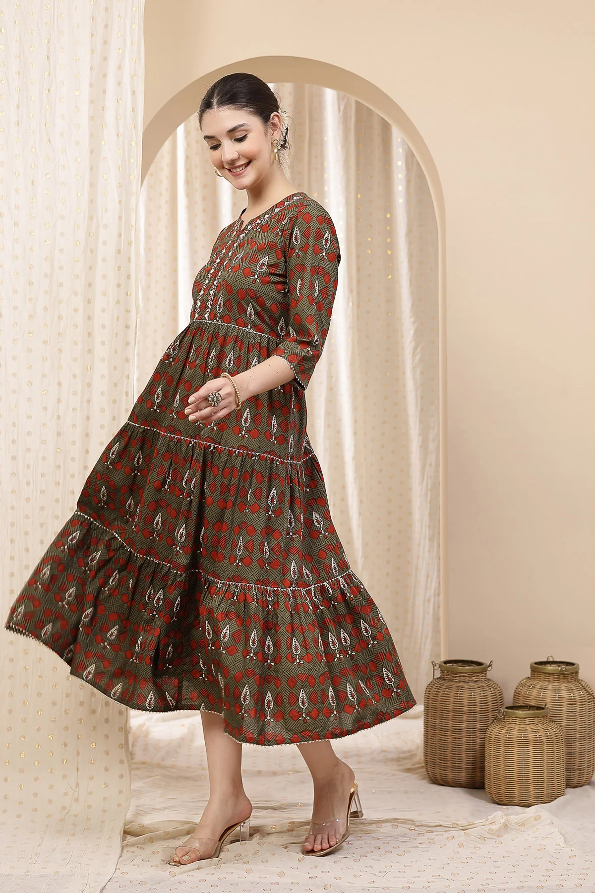 Ethnic Cotton Tiered Maternity Kurti for Feeding - Green - Image 11