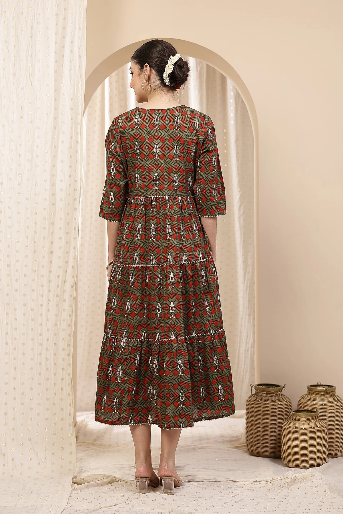 Ethnic Cotton Tiered Maternity Kurti for Feeding - Green - Image 3