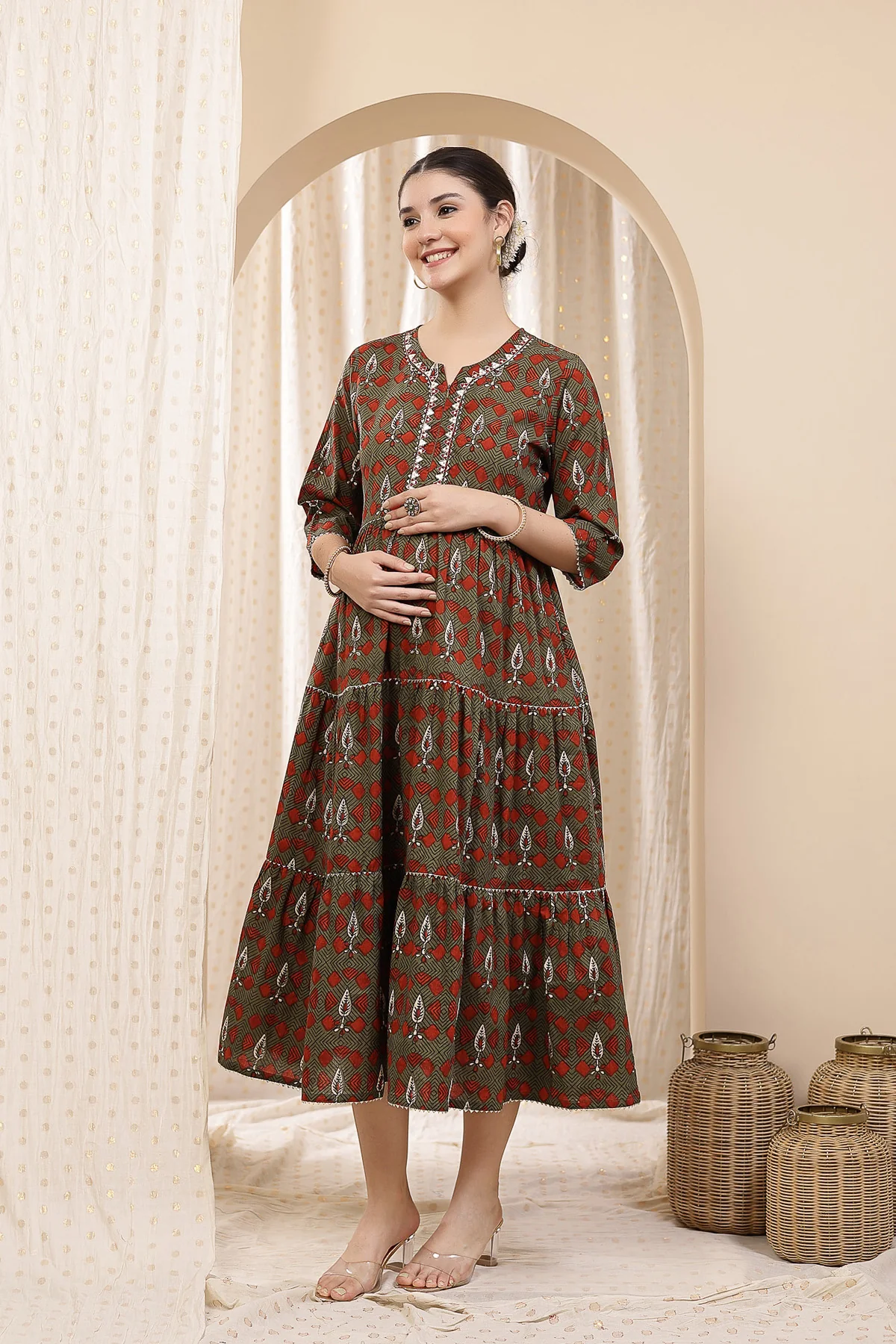 Ethnic Cotton Tiered Maternity Kurti for Feeding - Green - Image 4